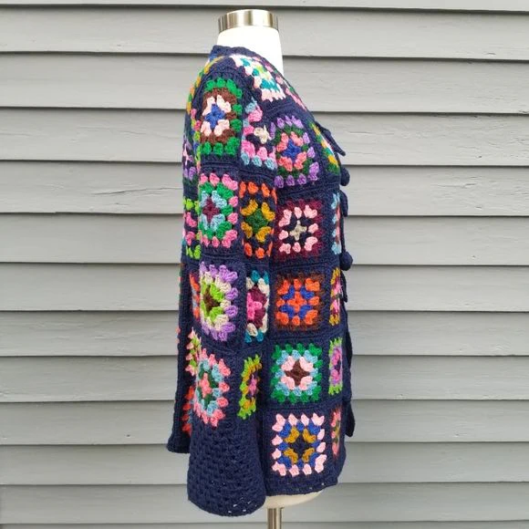 Vintage 70s Handmade Crochet Square Cardigan Sweater - Image 4