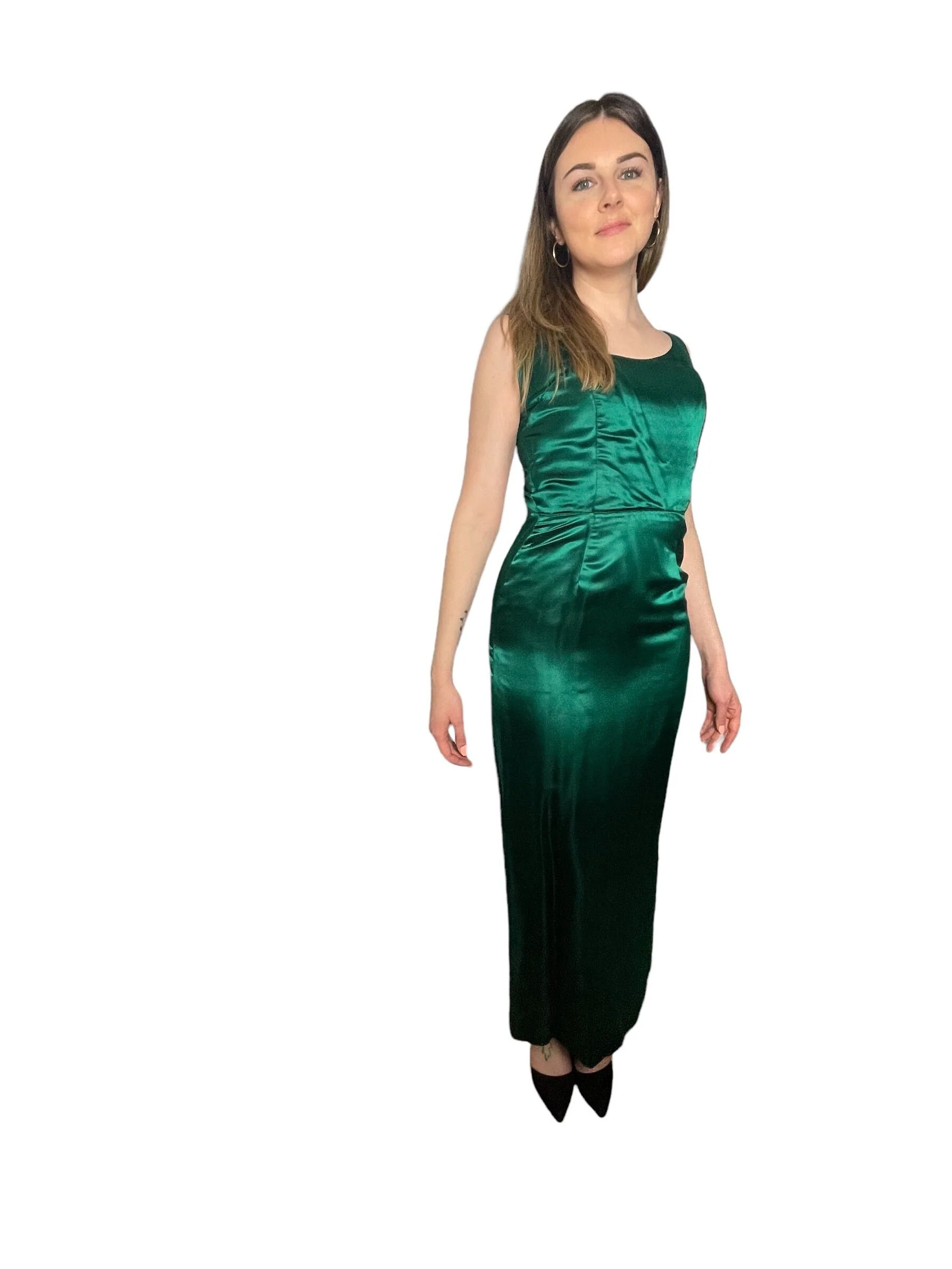 Vintage 70s Handmade Emerald Green Satin Gown Xs - Image 3