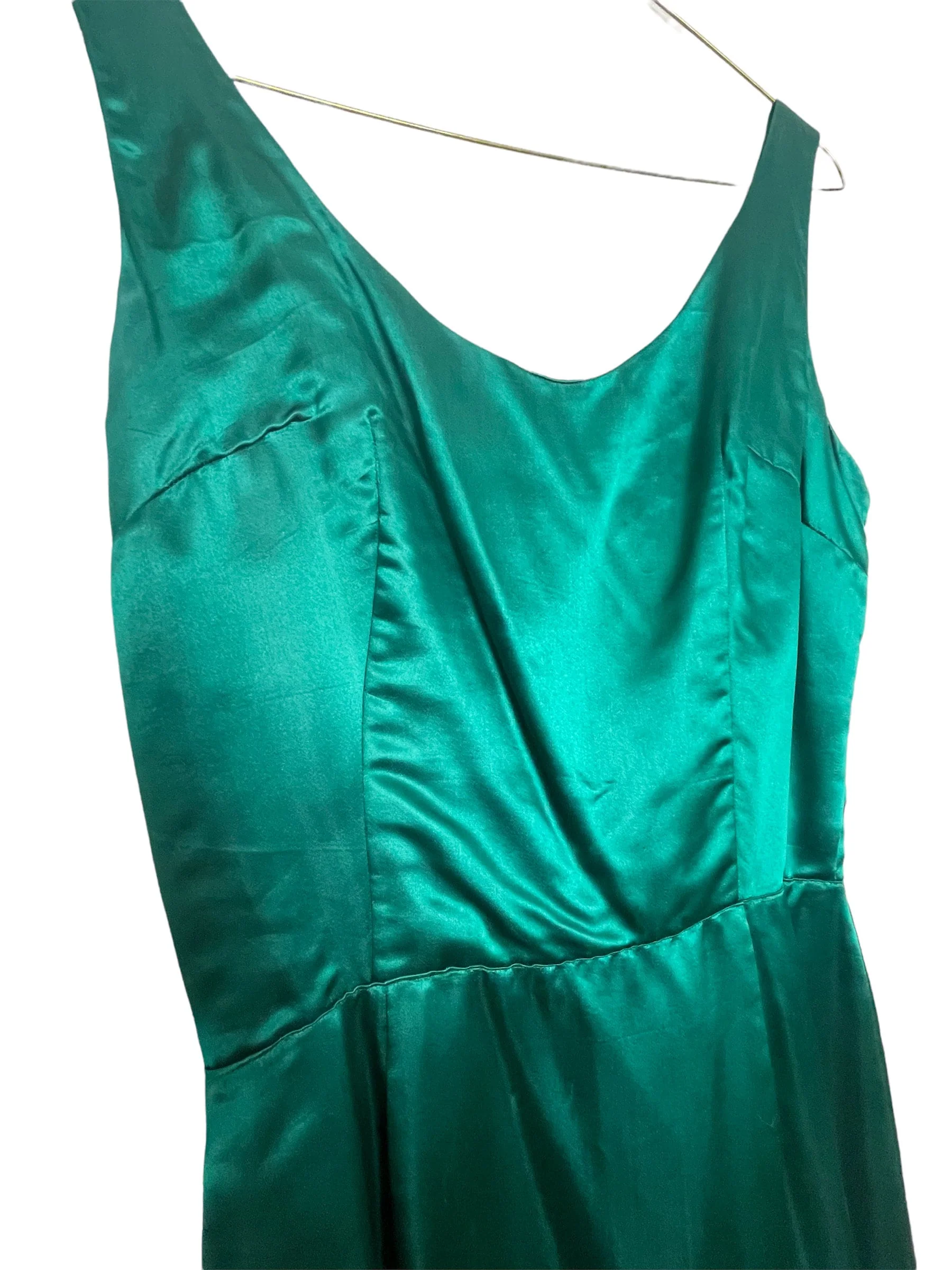 Vintage 70s Handmade Emerald Green Satin Gown Xs - Image 4