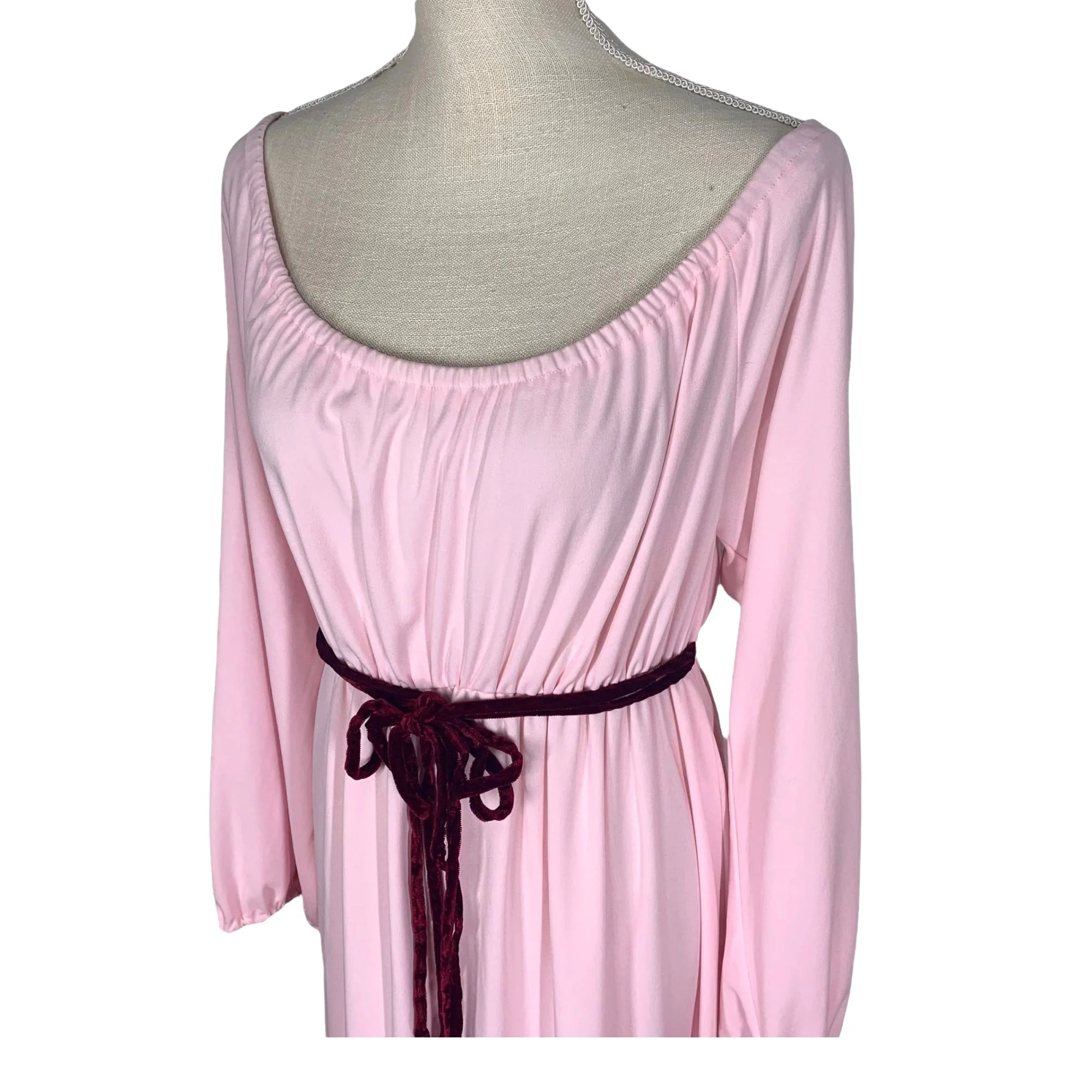 Vintage 70s Handmade Pink Long Sleeve Full Length Wide Neck Dress Medium - Image 2