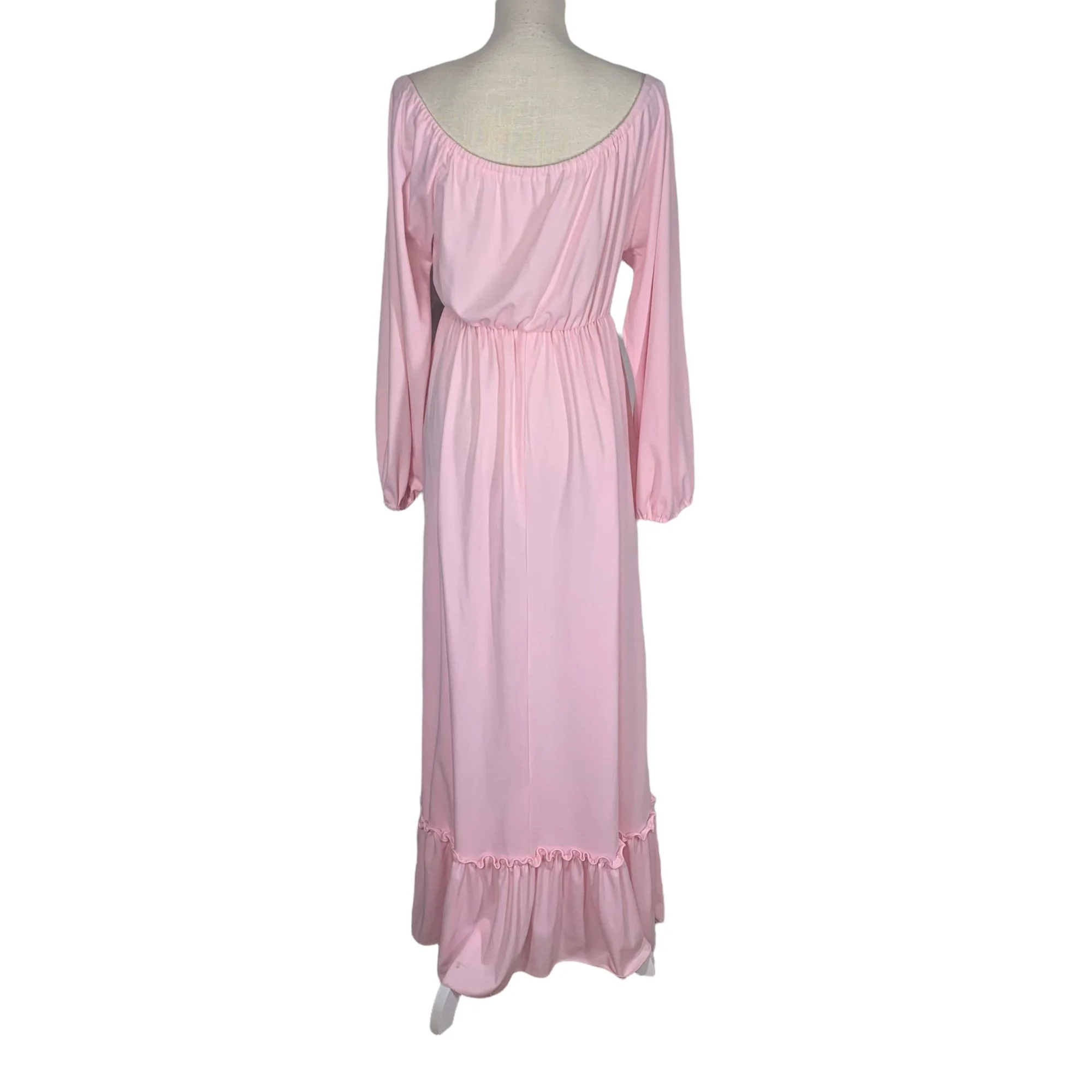 Vintage 70s Handmade Pink Long Sleeve Full Length Wide Neck Dress Medium - Image 3