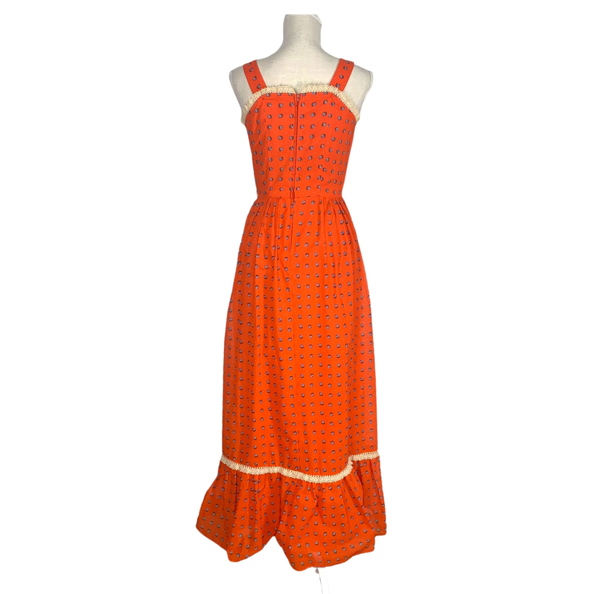 Vintage 70s Hard Orange Micro Floral Full Length Peasant Dress Small - Image 3