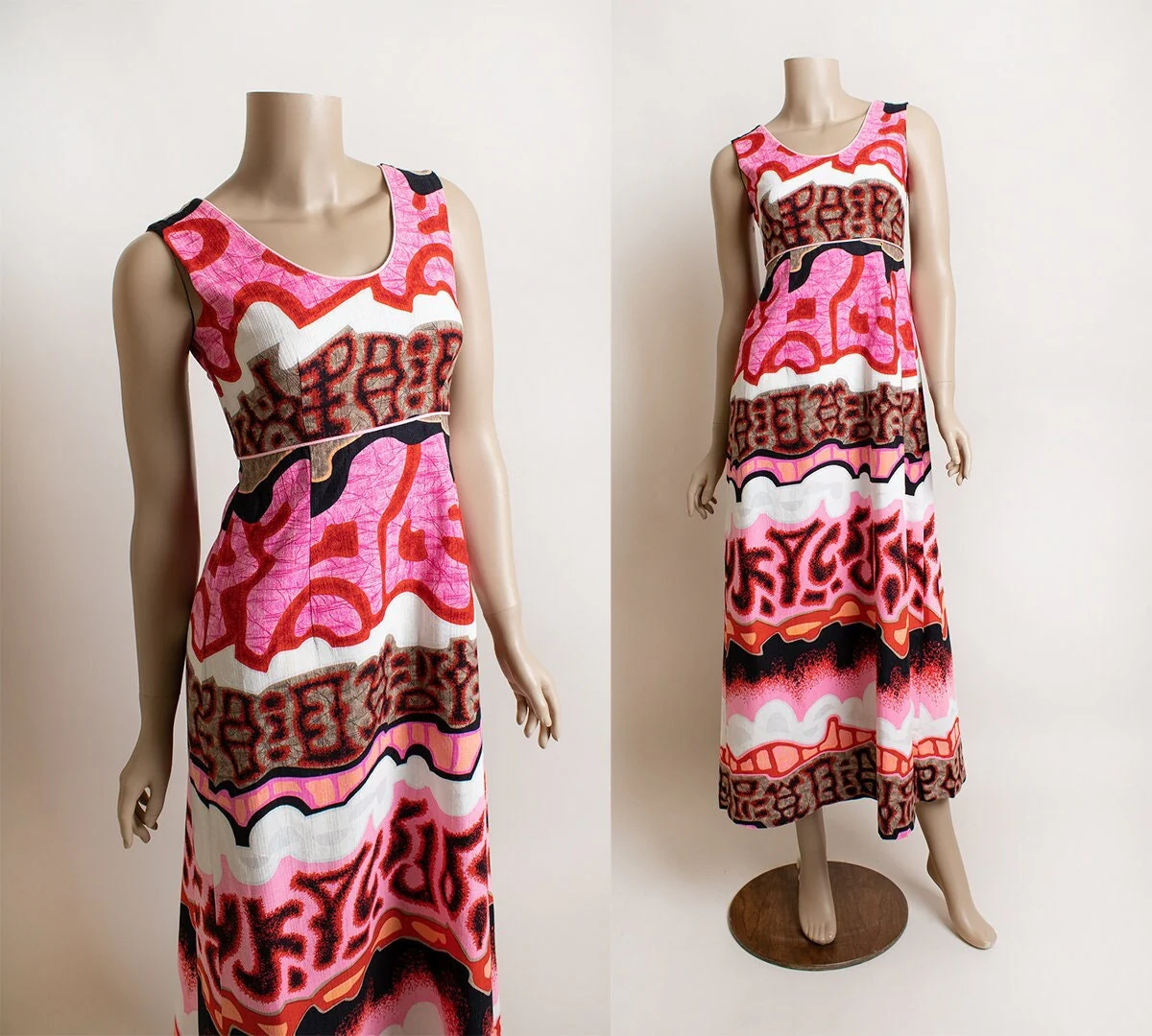 Vintage 70s Hawaiian Maxi Dress - Tropical Abstract Hot Pink Black Floor Length Summer Gown - Barkcloth - Small by Liberty House - Image 3
