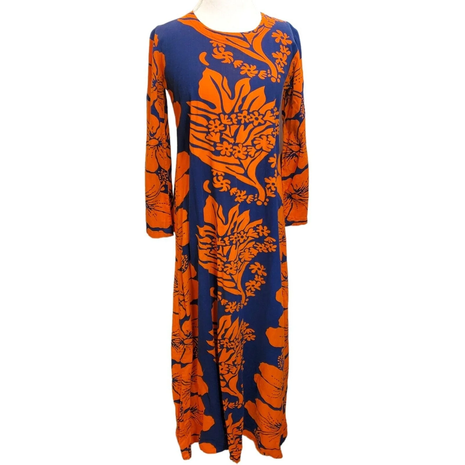 Vintage 70s Hawaiian Womens Small Mumu Flare Sleeve Maxi Dress Blue Orange - Image 2