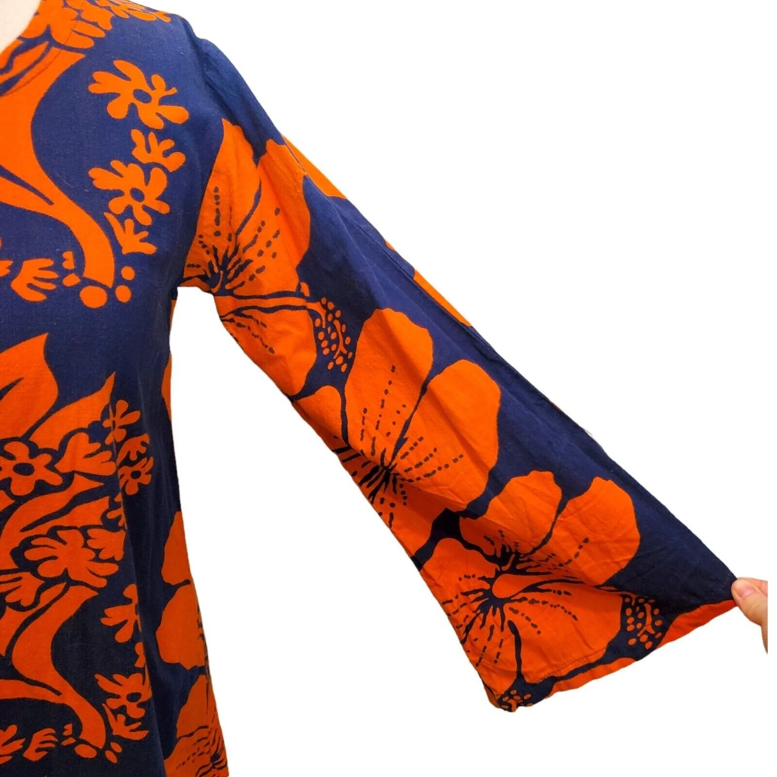 Vintage 70s Hawaiian Womens Small Mumu Flare Sleeve Maxi Dress Blue Orange - Image 4