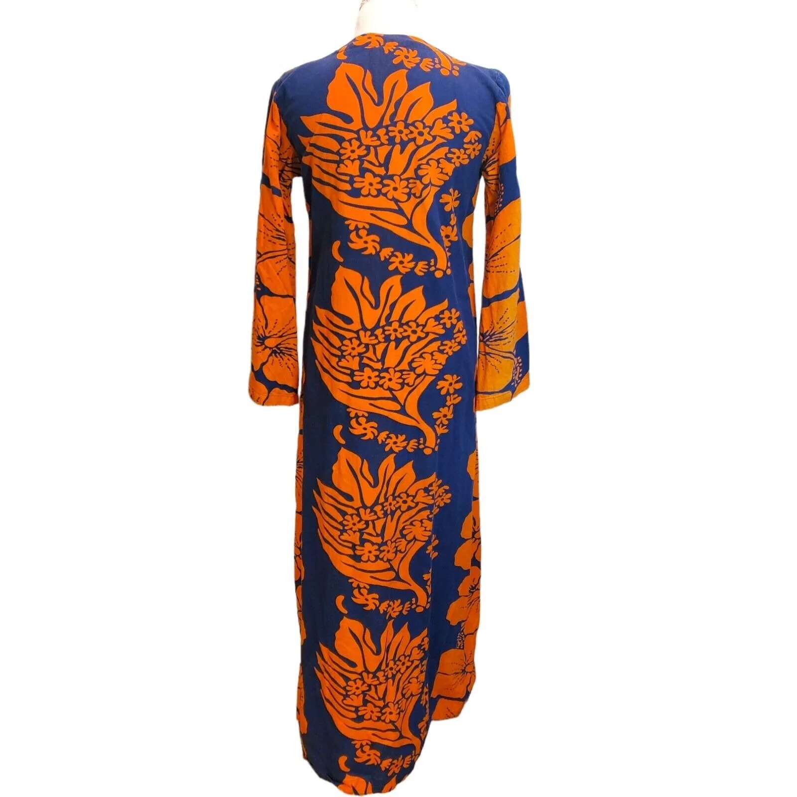 Vintage 70s Hawaiian Womens Small Mumu Flare Sleeve Maxi Dress Blue Orange - Image 5