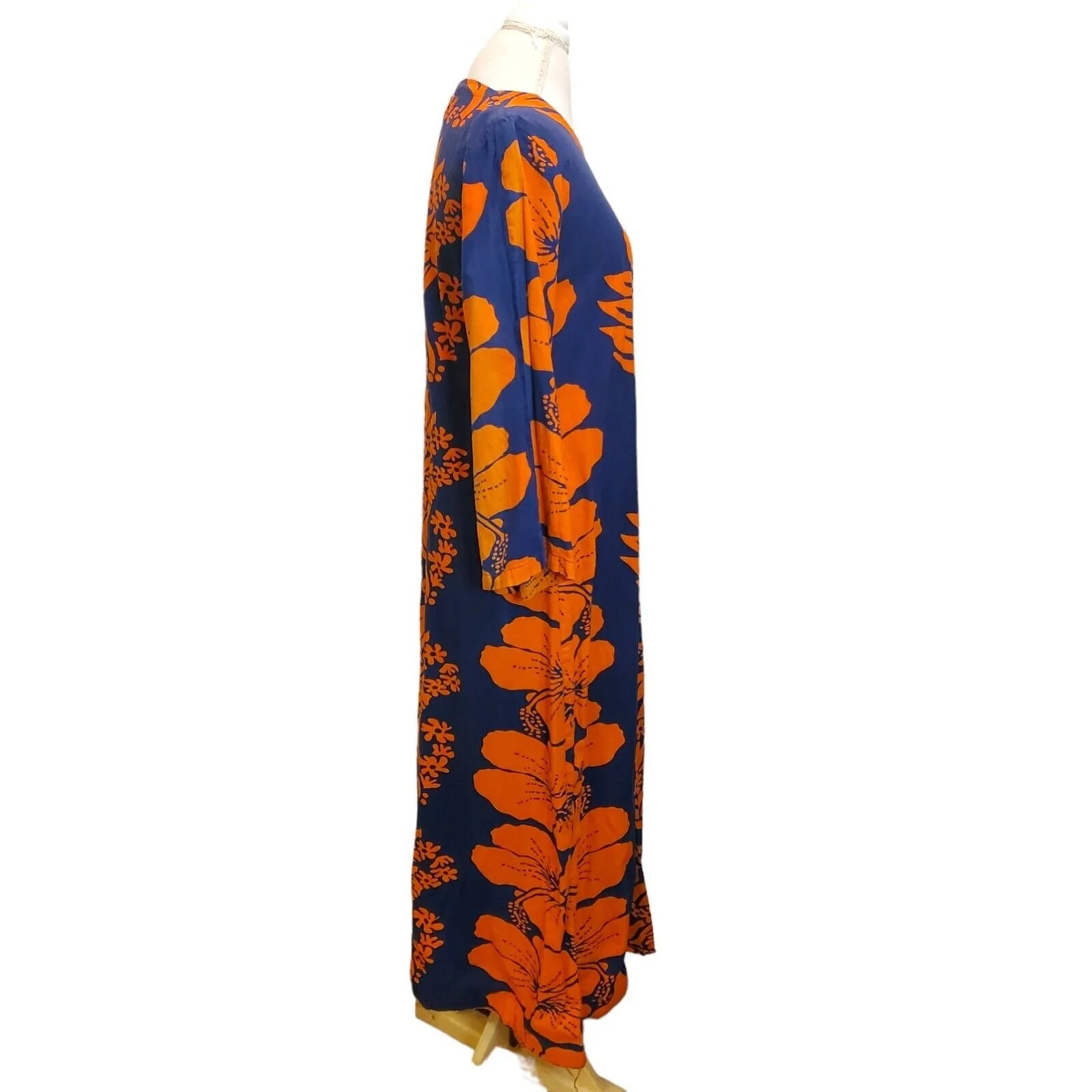 Vintage 70s Hawaiian Womens Small Mumu Flare Sleeve Maxi Dress Blue Orange - Image 6