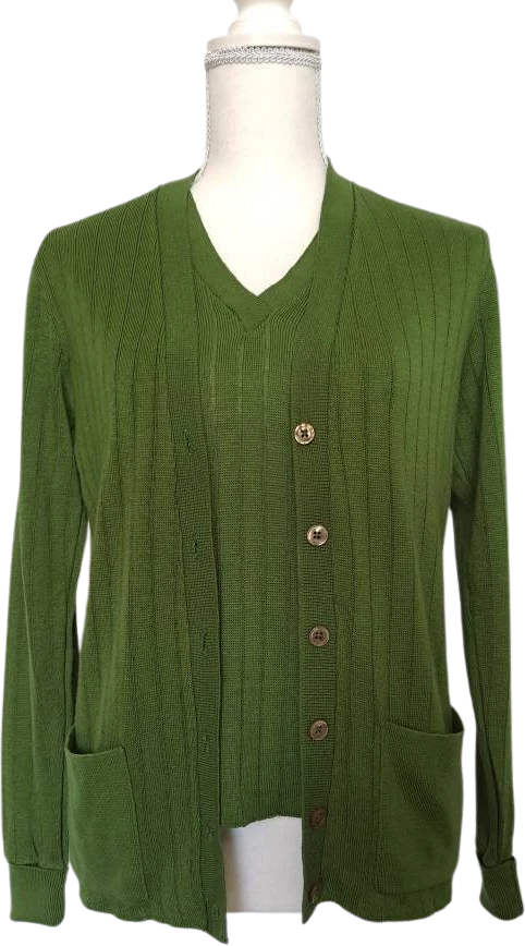 70s Olive Green Cardigan Sweater Set By Hickory Knits