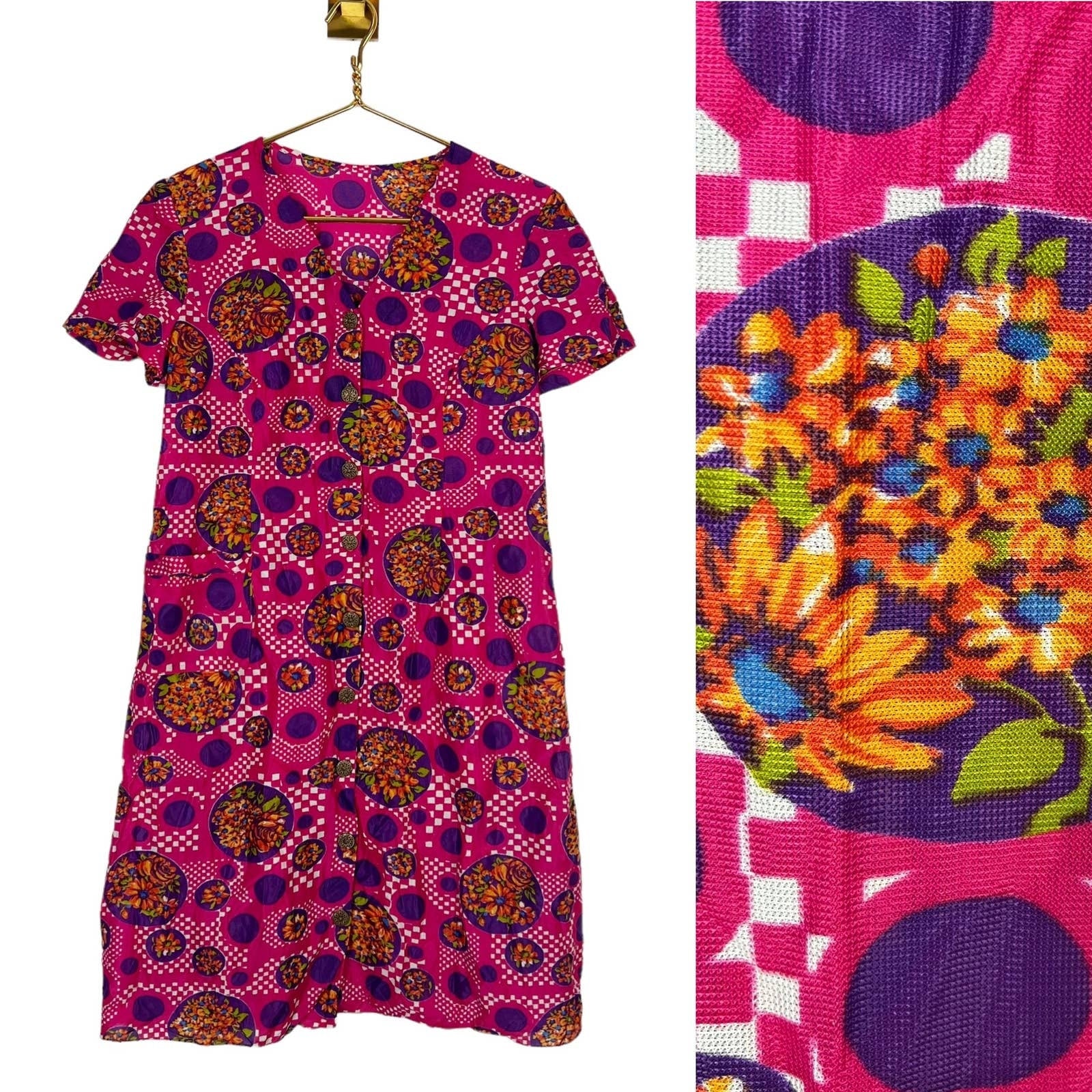 Vintage 70s Hot Pink Floral Shift Dress V-Neck - Image 3