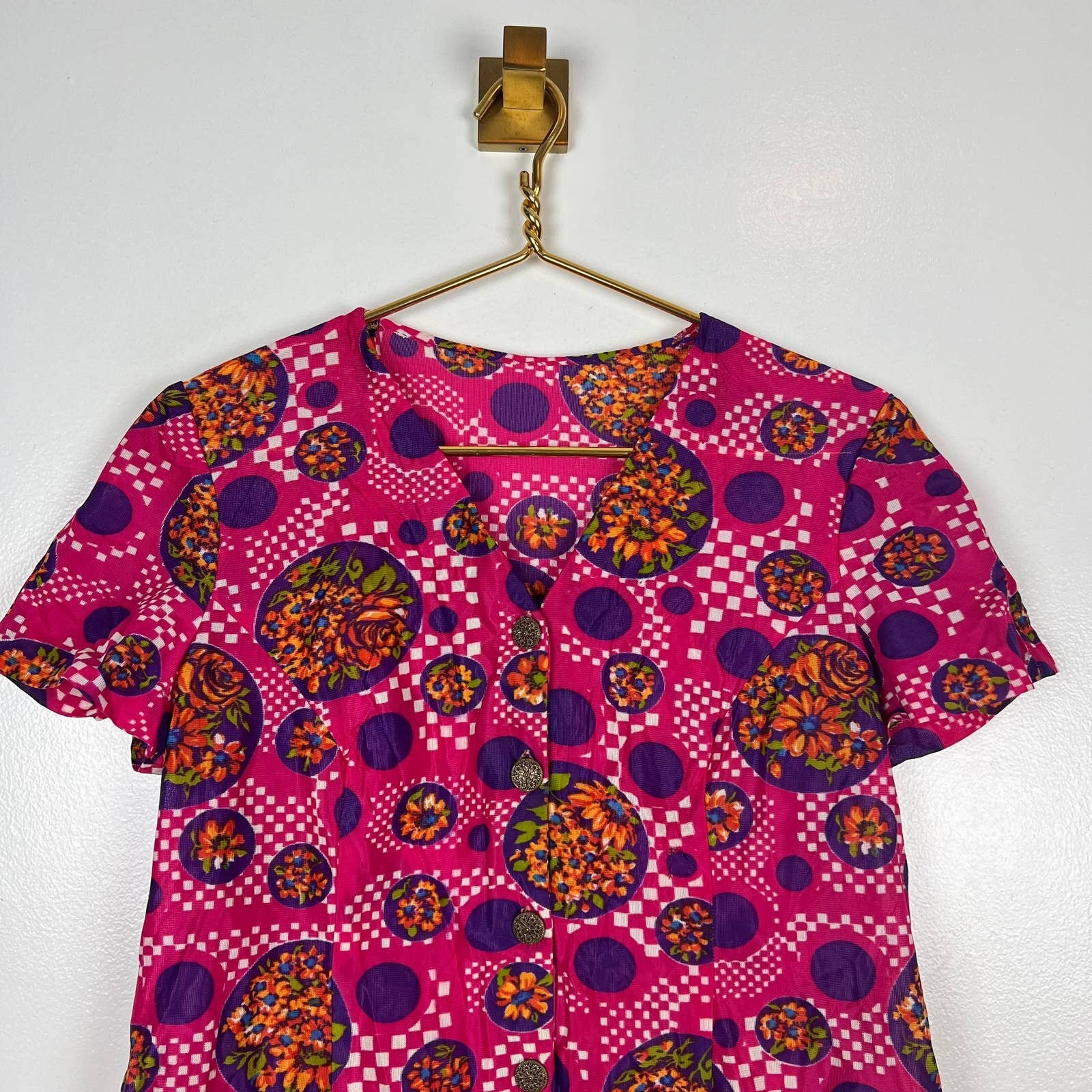 Vintage 70s Hot Pink Floral Shift Dress V-Neck - Image 8