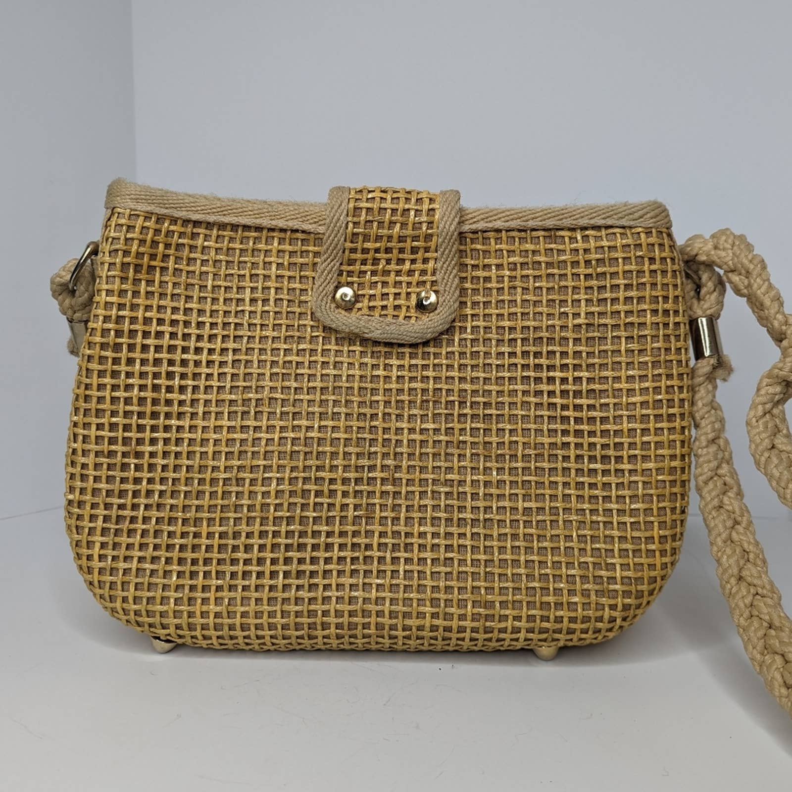 Vintage 70s Italian Rattan Wicker Braided Rope Crossbody Bag - Image 11