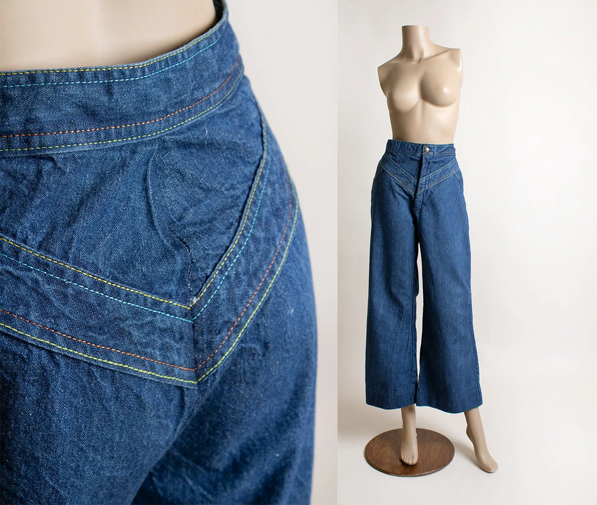 Vintage 70s Jeans Flare Wide Leg Rainbow Stitch High Waist Denim Pacific Play Togs of California by Pacific Play Togs Of California - Image 4
