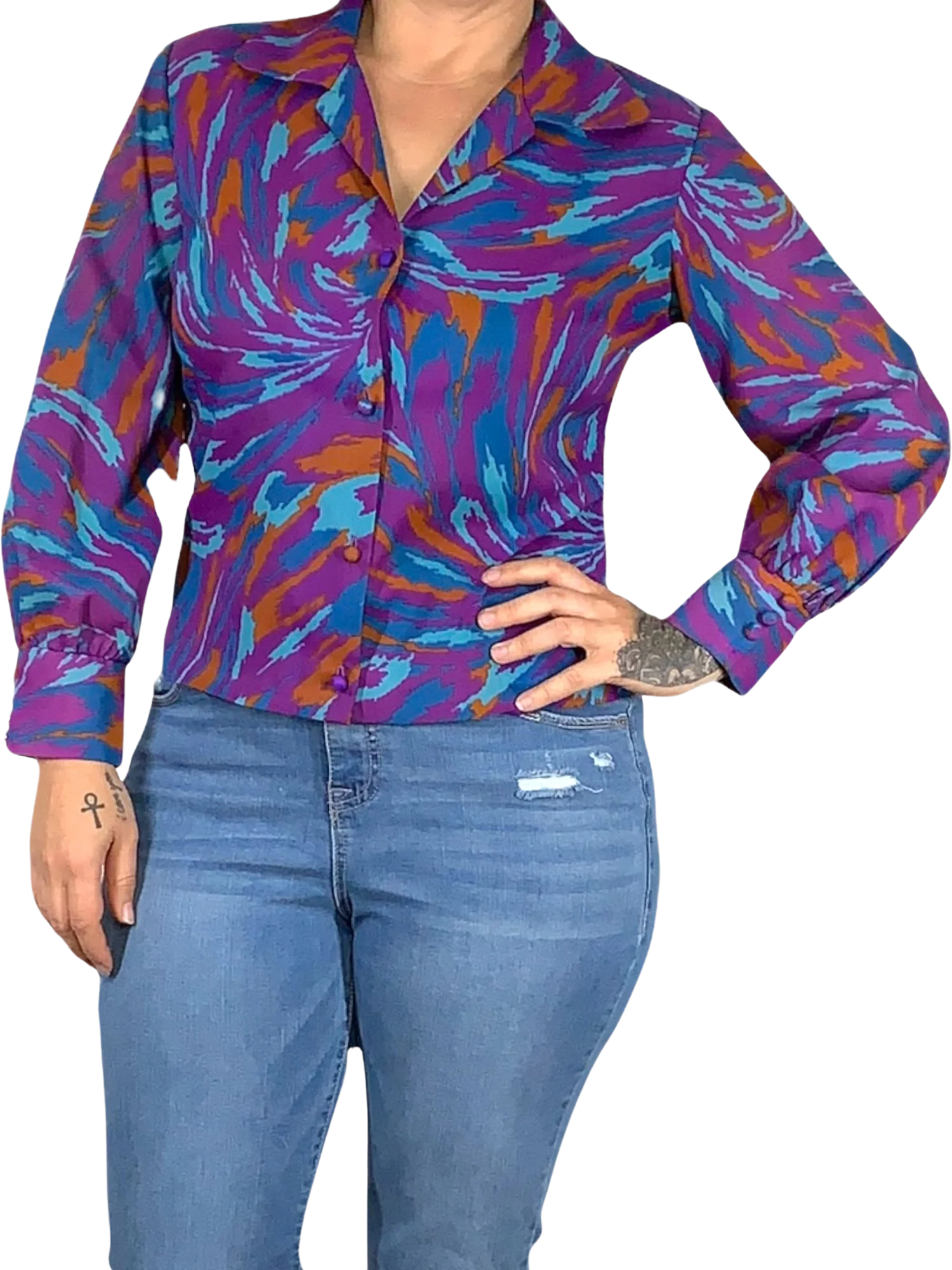 Vintage 70s Jewel Tone Button Up Long Sleeve Print Top by Lee Mar