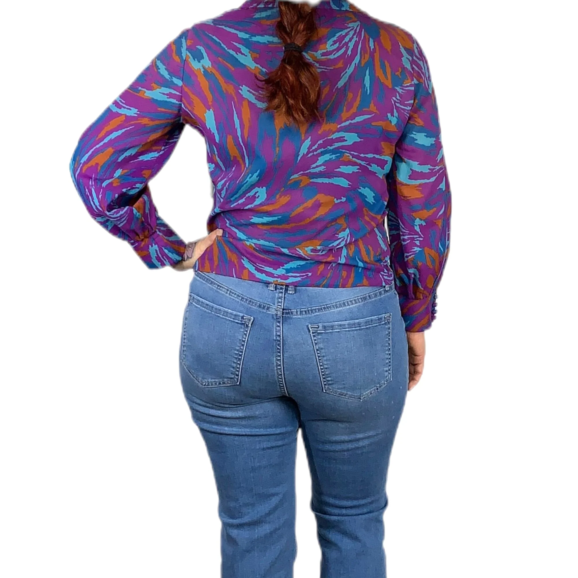 Vintage 70s Jewel Tone Button Up Long Sleeve Print Top by Lee Mar - Image 2