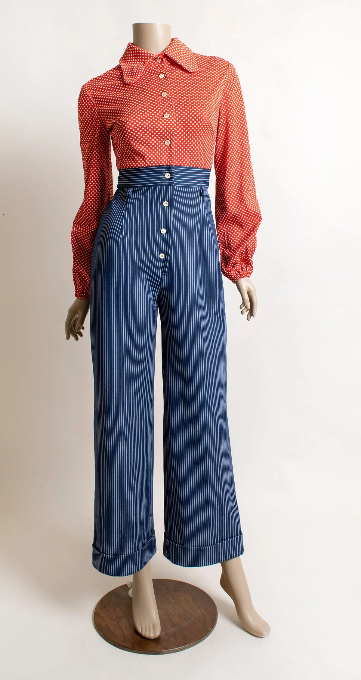 Vintage 70s Jumpsuit Pinstriped Blue Pants and Red Polka Dot Blouse Peter Pan Collar Long Billowy Sleeves Vest 70s Business Lady Small - Image 5