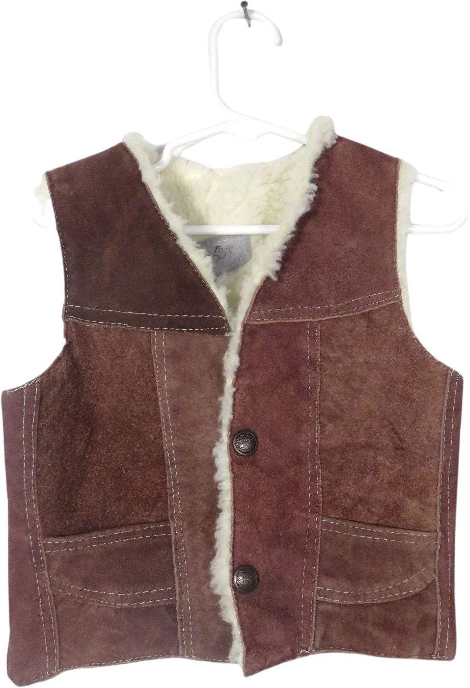 Vintage 70s Kids Brown Suede Western Cowboy Sherpa Lined Snap Vest Size 3t
