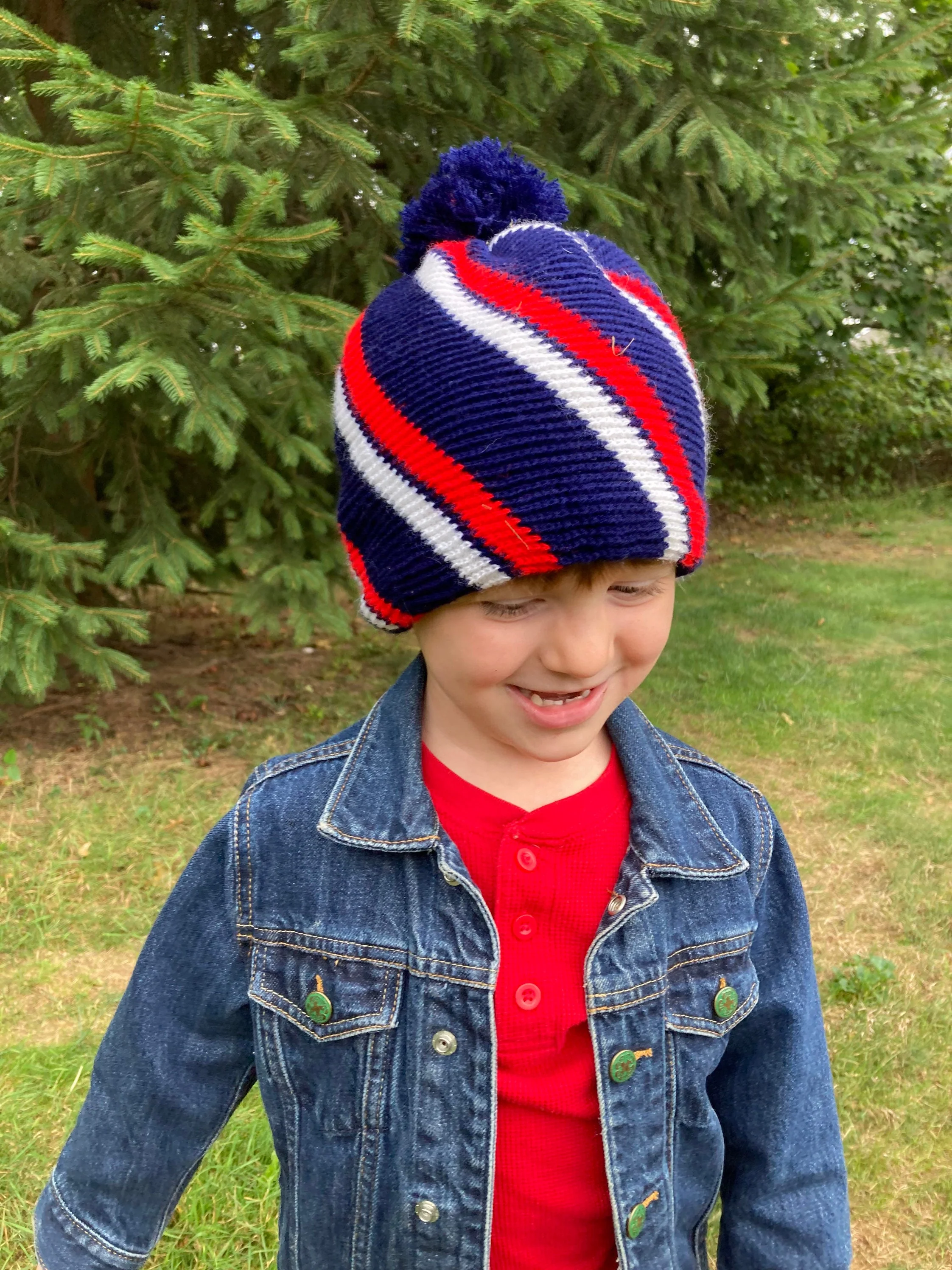 Vintage 70s Kids Red White and Blue Striped Beanie with Pompom - Image 10