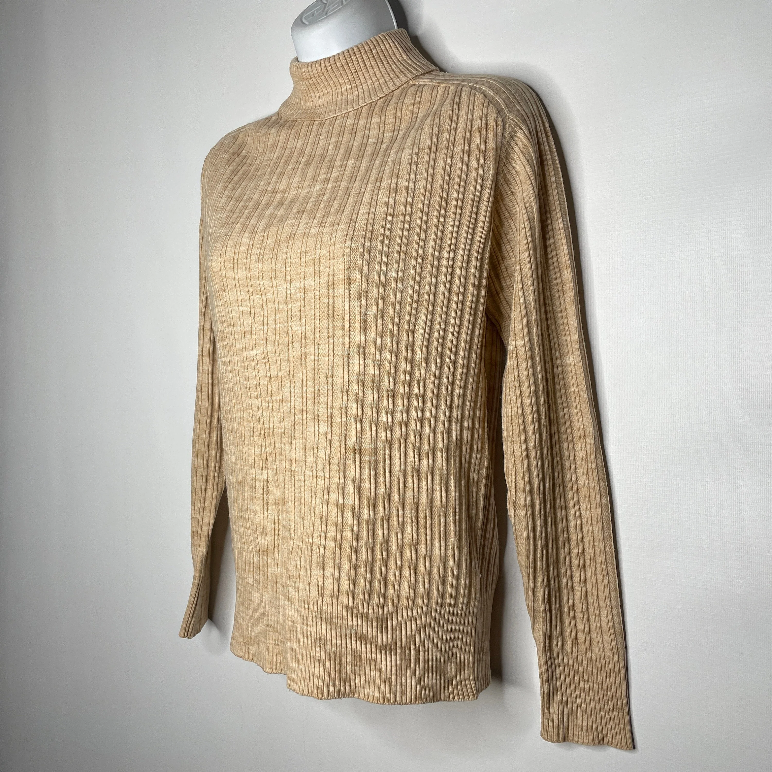 Vintage 70s Kimlon Beige White Space Dyed Ribbed Knit Turtleneck Jumper Sweater by Kimlon By Rbk Importers - Image 6