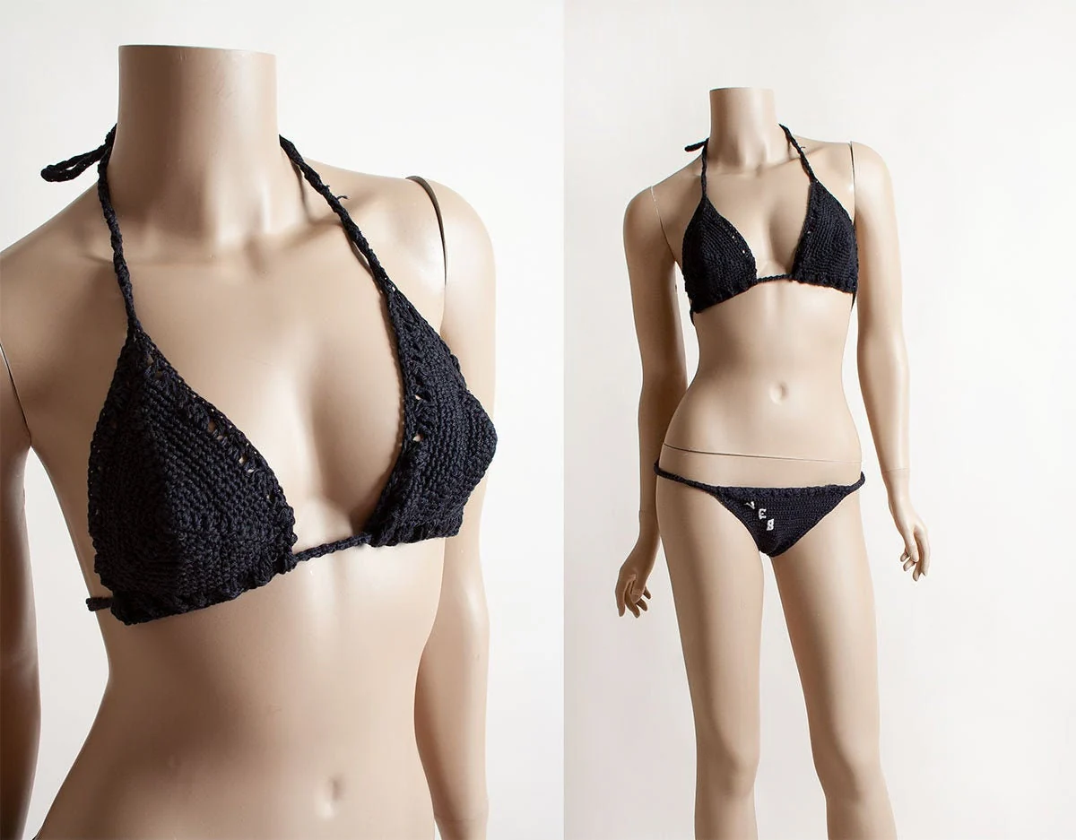 Vintage 70s Knit Bikini Itty Bitty Hand Knitted Crochet Black Triangle Top Bikini with Monogram Veb Xs - Image 3