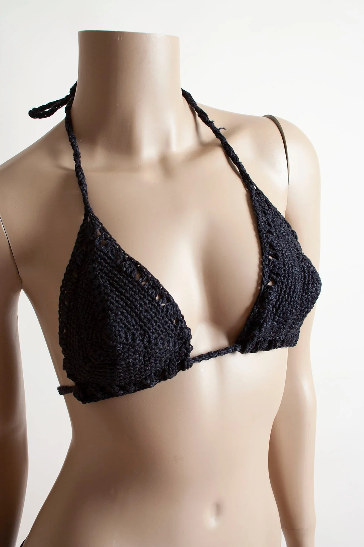 Vintage 70s Knit Bikini Itty Bitty Hand Knitted Crochet Black Triangle Top Bikini with Monogram Veb Xs - Image 4