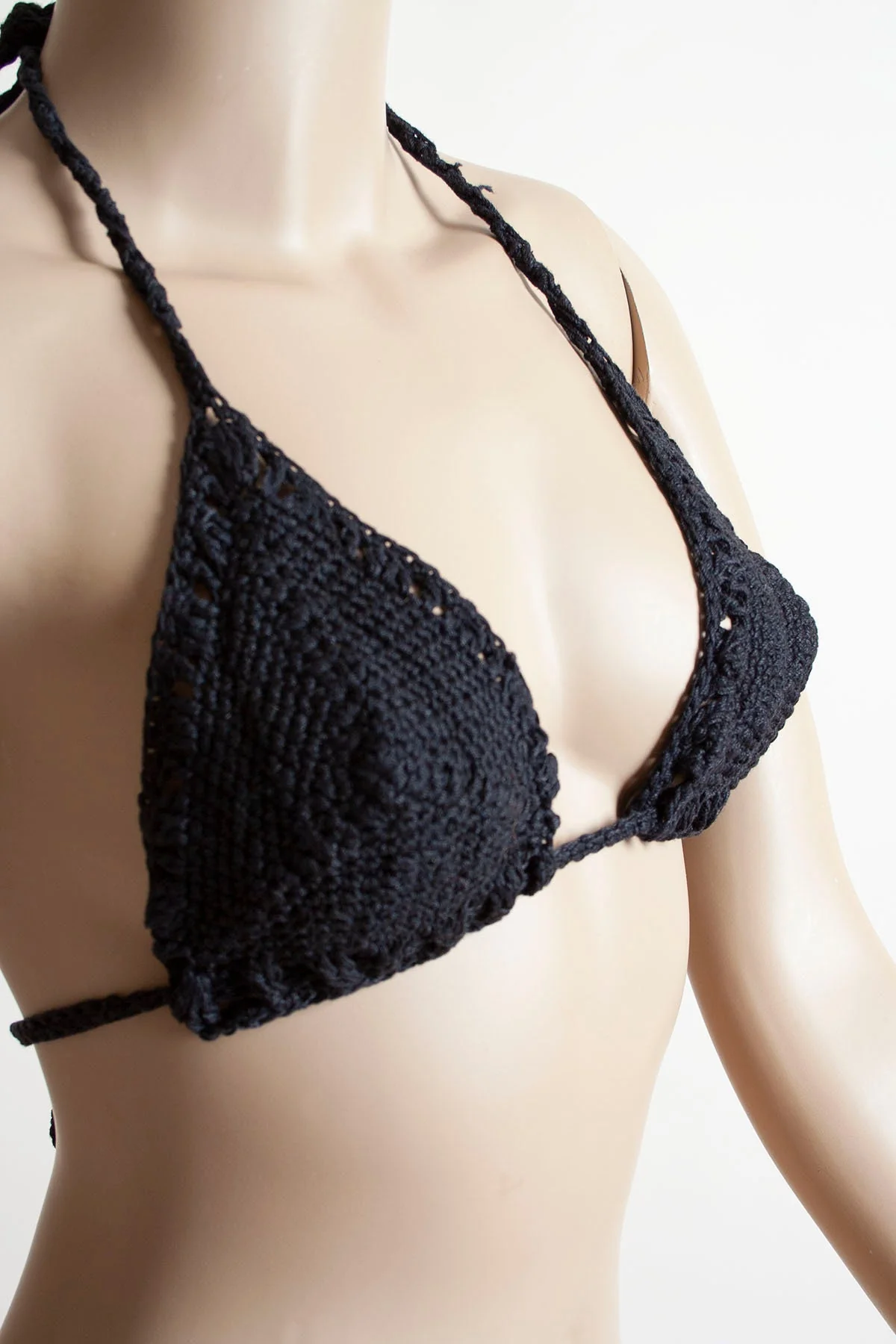 Vintage 70s Knit Bikini Itty Bitty Hand Knitted Crochet Black Triangle Top Bikini with Monogram Veb Xs - Image 6