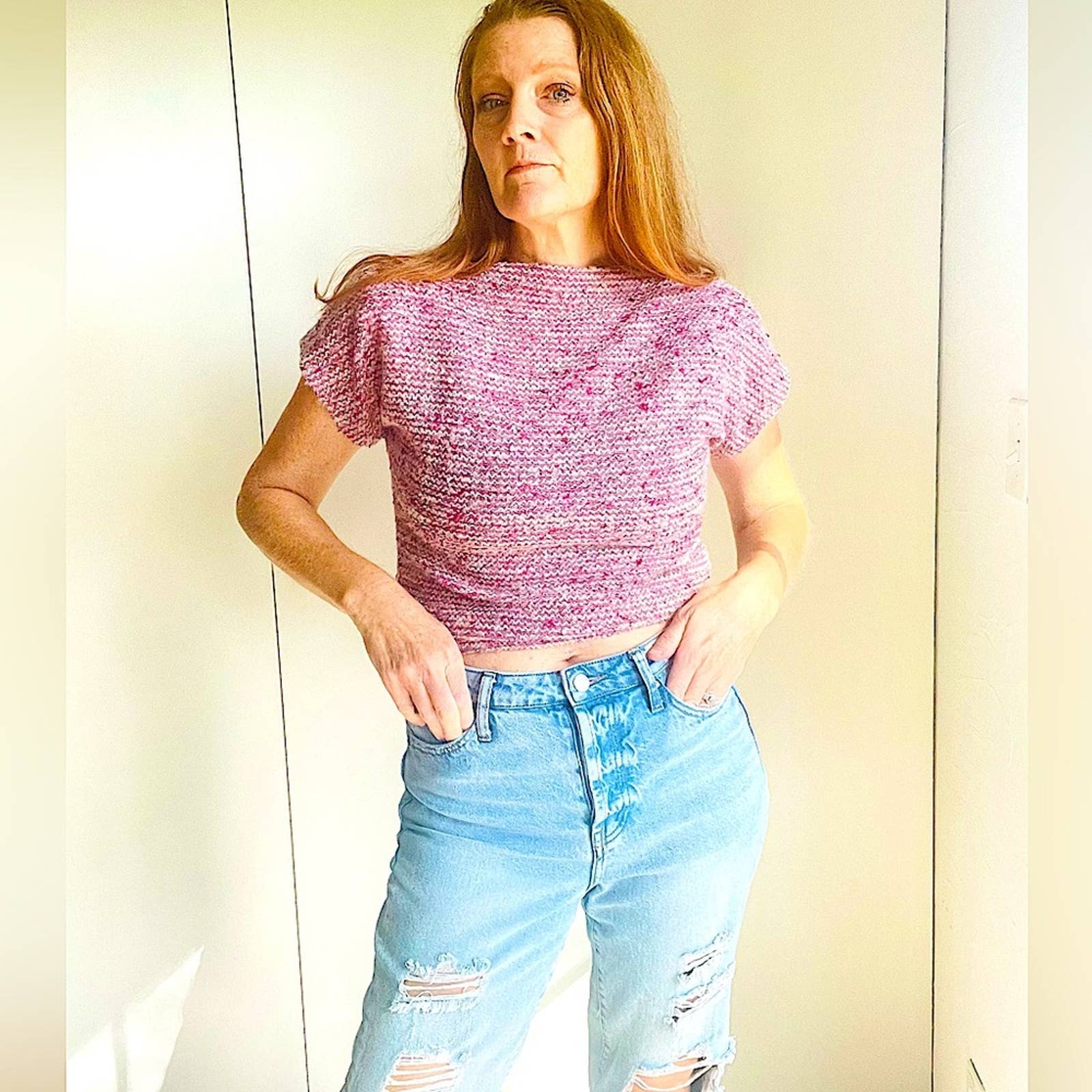 Vintage 70s Knit Cropped Top Purple Knit Short Sleeves Retro Looks - Image 2