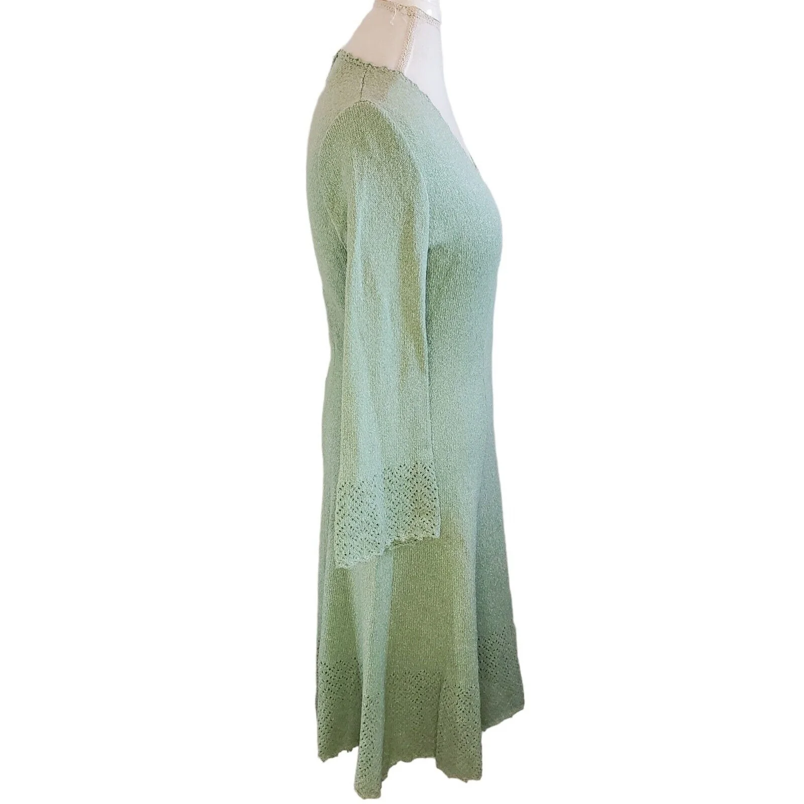 Vintage 70s Knit Green Longsleeve Sweater Dress Midi Flare Sleeve Fit N Flare Size Medium - Image 5