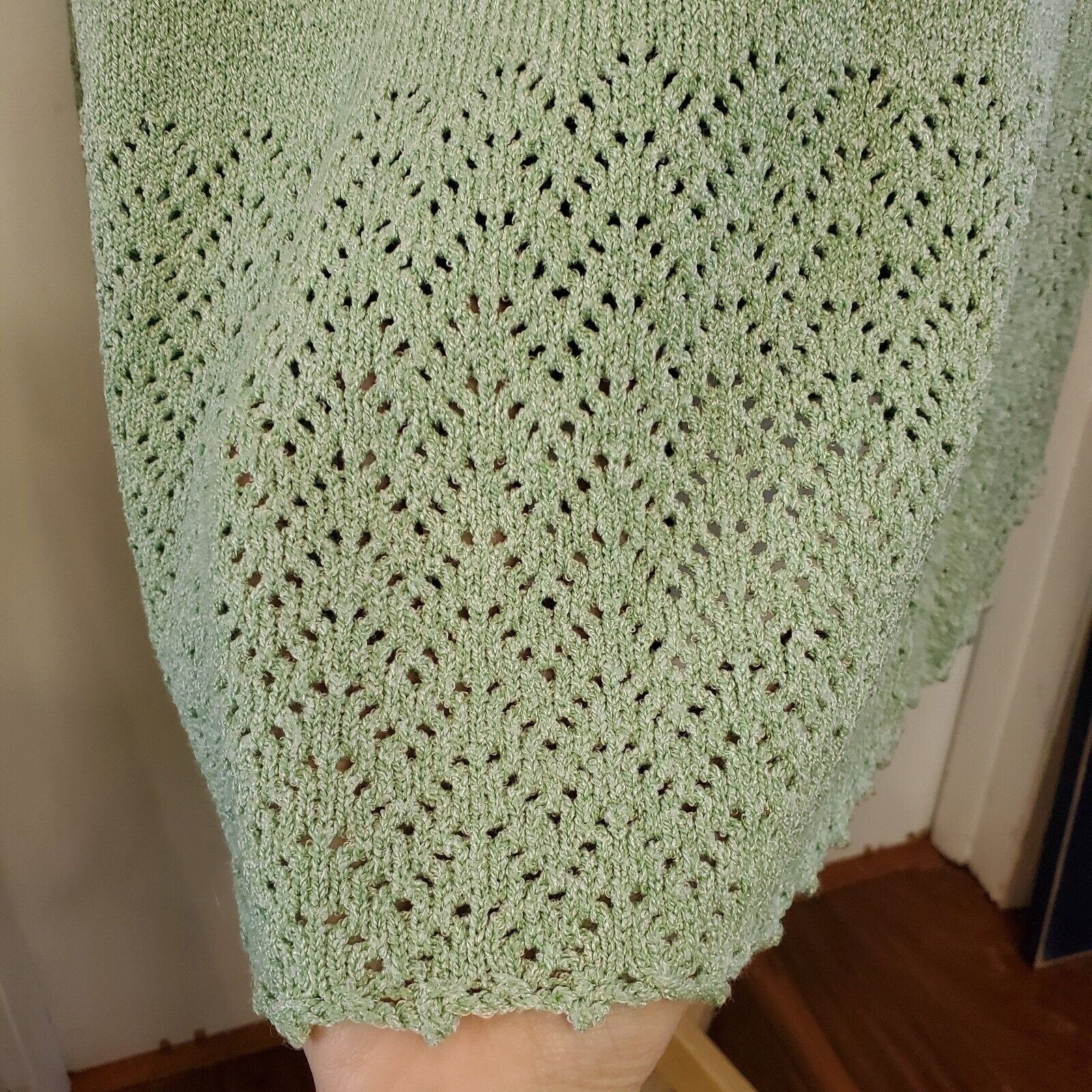 Vintage 70s Knit Green Longsleeve Sweater Dress Midi Flare Sleeve Fit N Flare Size Medium - Image 7