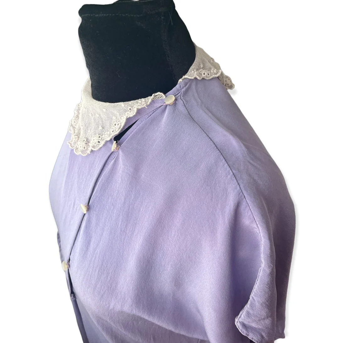 Vintage 70s Lavender Purple Silk Lace Cottage Pocket Dress Small/med by Outlander - Image 9