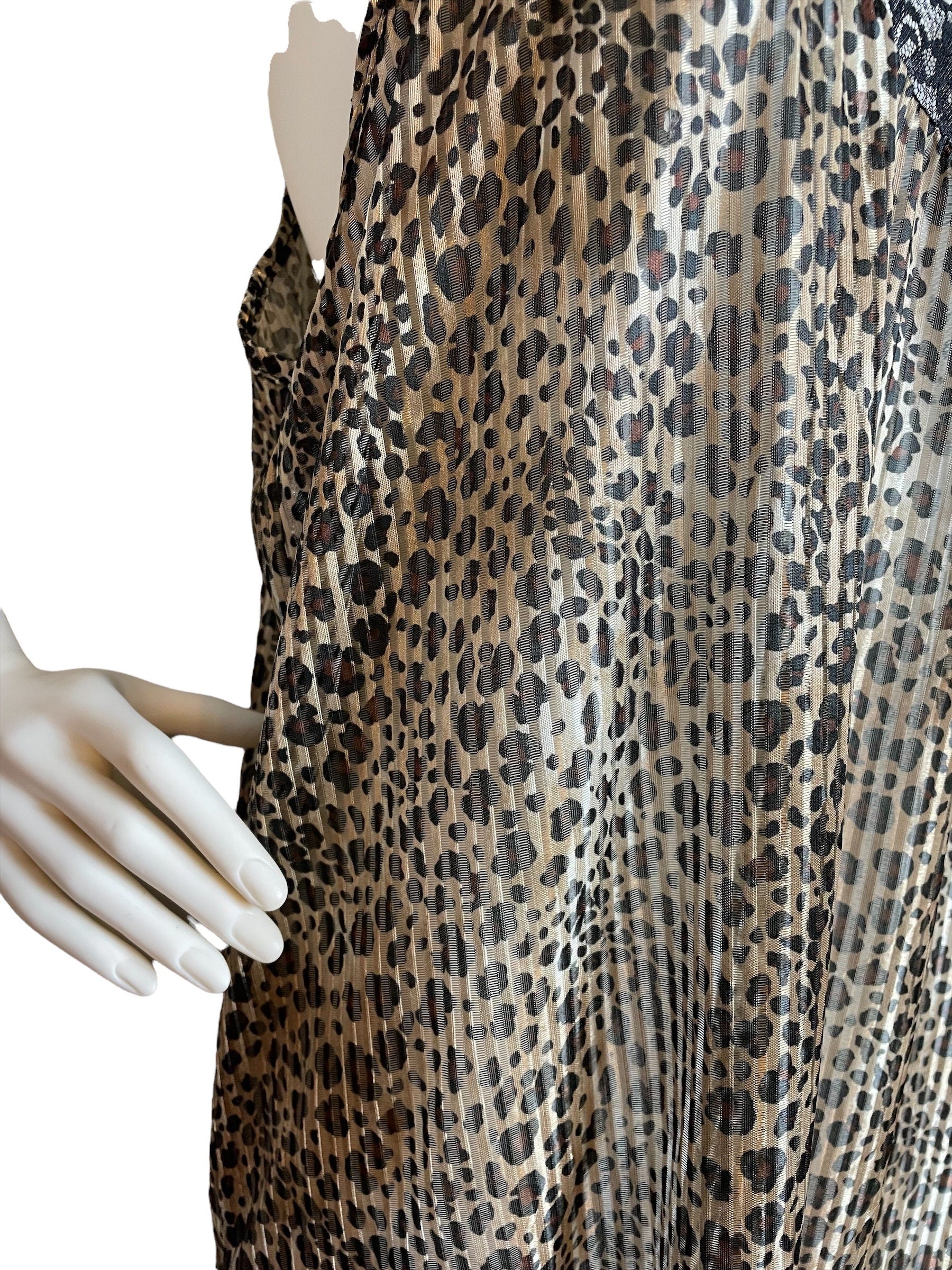 Vintage 70s Leopard Print Slip Dress Black Lace Size M - Image 3