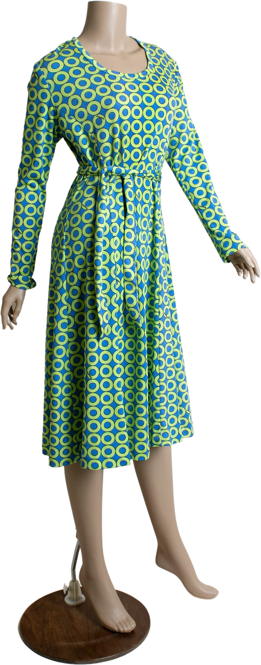 Vintage 70s Lime Green and Blue Bullseye Circle Op Art Print Ring Dress - Stretch Jersey - Medium Large by Maurice