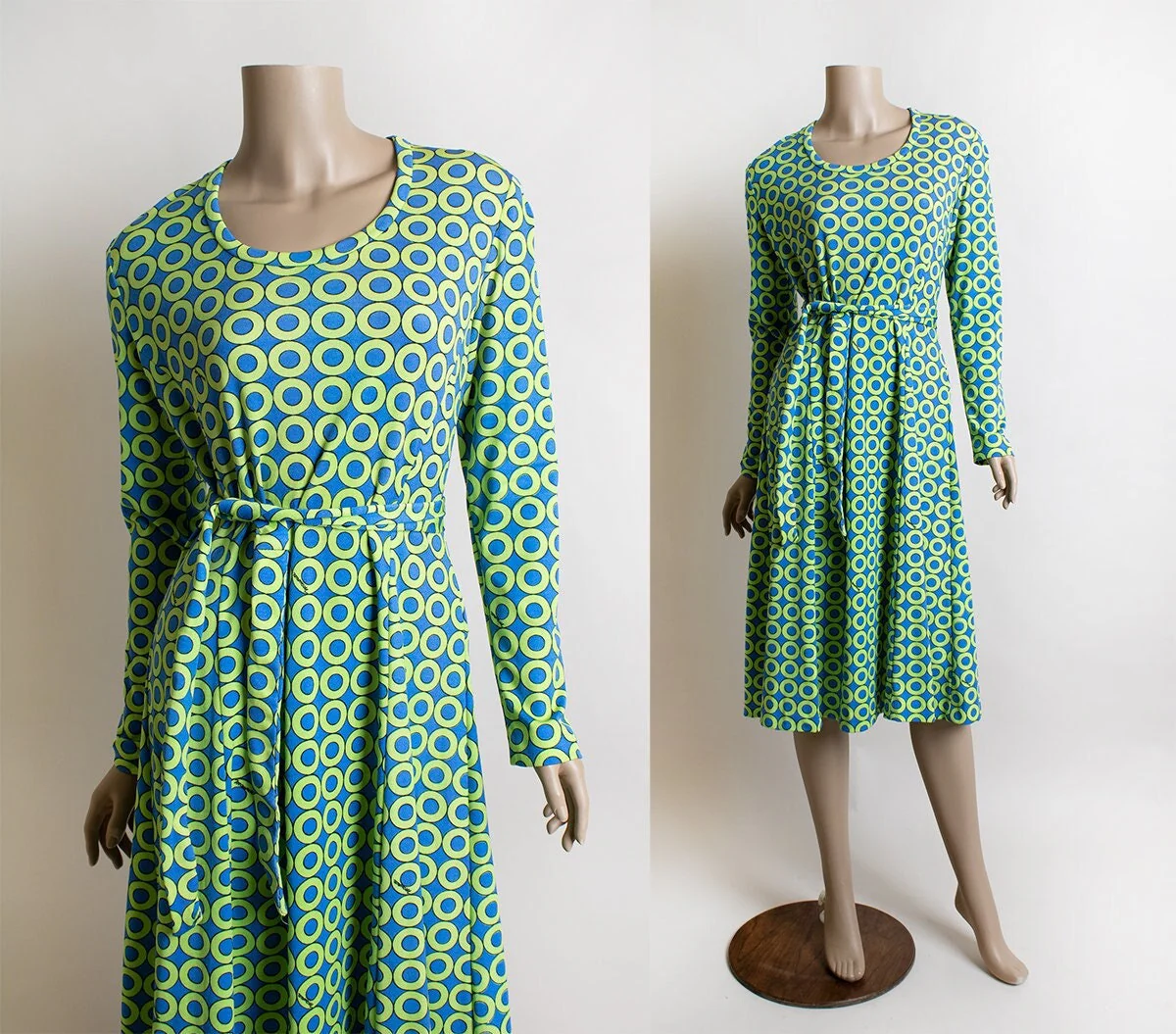 Vintage 70s Lime Green and Blue Bullseye Circle Op Art Print Ring Dress - Stretch Jersey - Medium Large by Maurice - Image 4