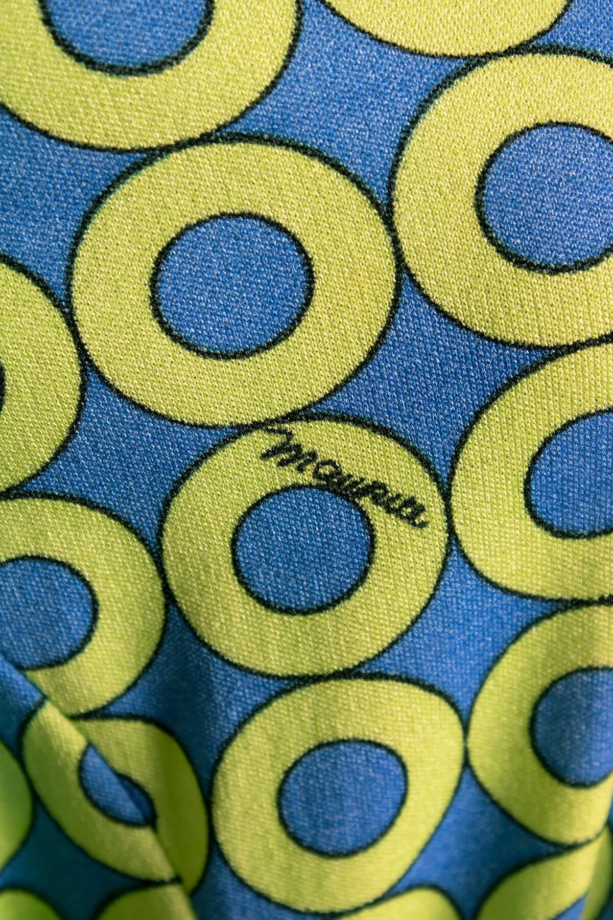 Vintage 70s Lime Green and Blue Bullseye Circle Op Art Print Ring Dress - Stretch Jersey - Medium Large by Maurice - Image 8