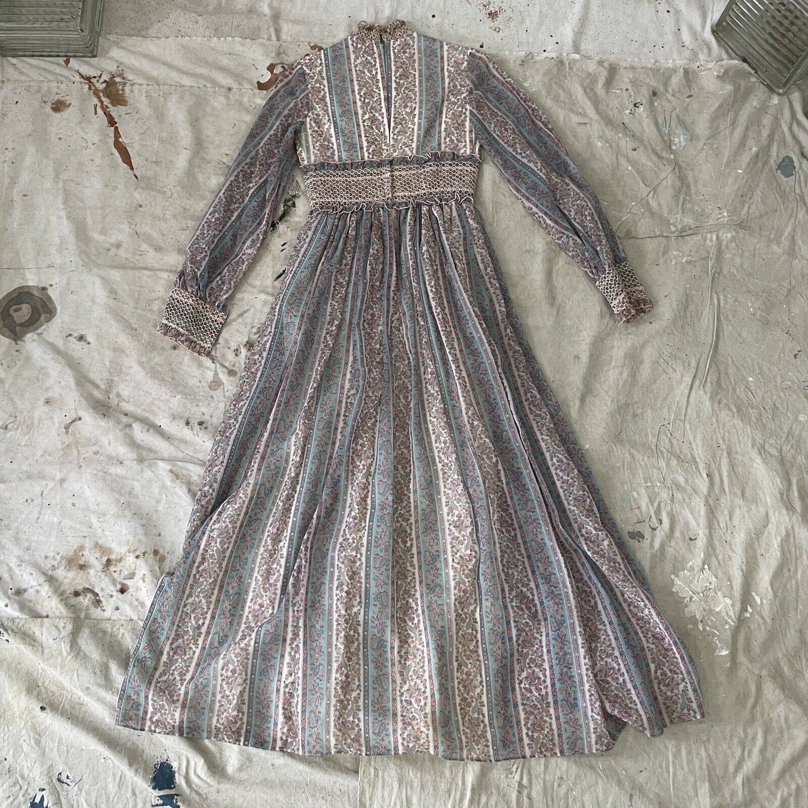 Vintage 70s Long Sleeve Maxi Dress Prairie Cottage Smocking Bow Voile - Image 2