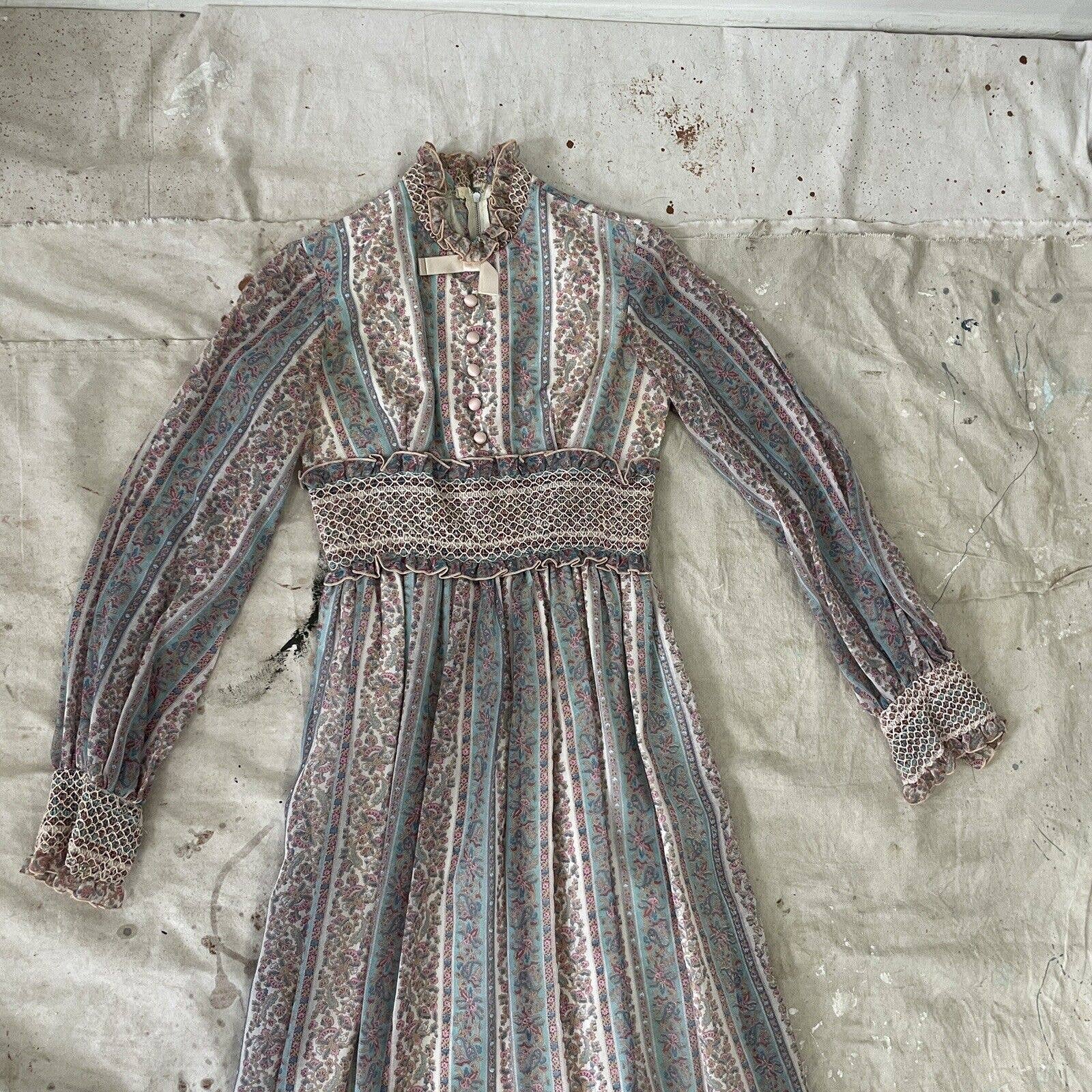 Vintage 70s Long Sleeve Maxi Dress Prairie Cottage Smocking Bow Voile - Image 3