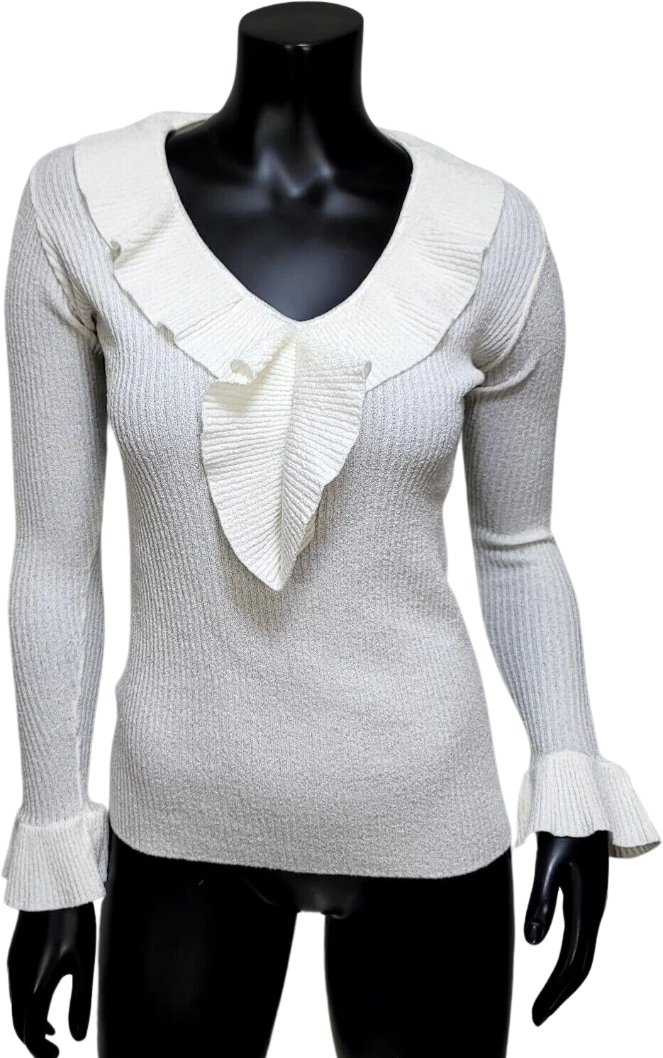 70s Off White Ribbed Flutter V-neck Knit Top By Marbella Knits California