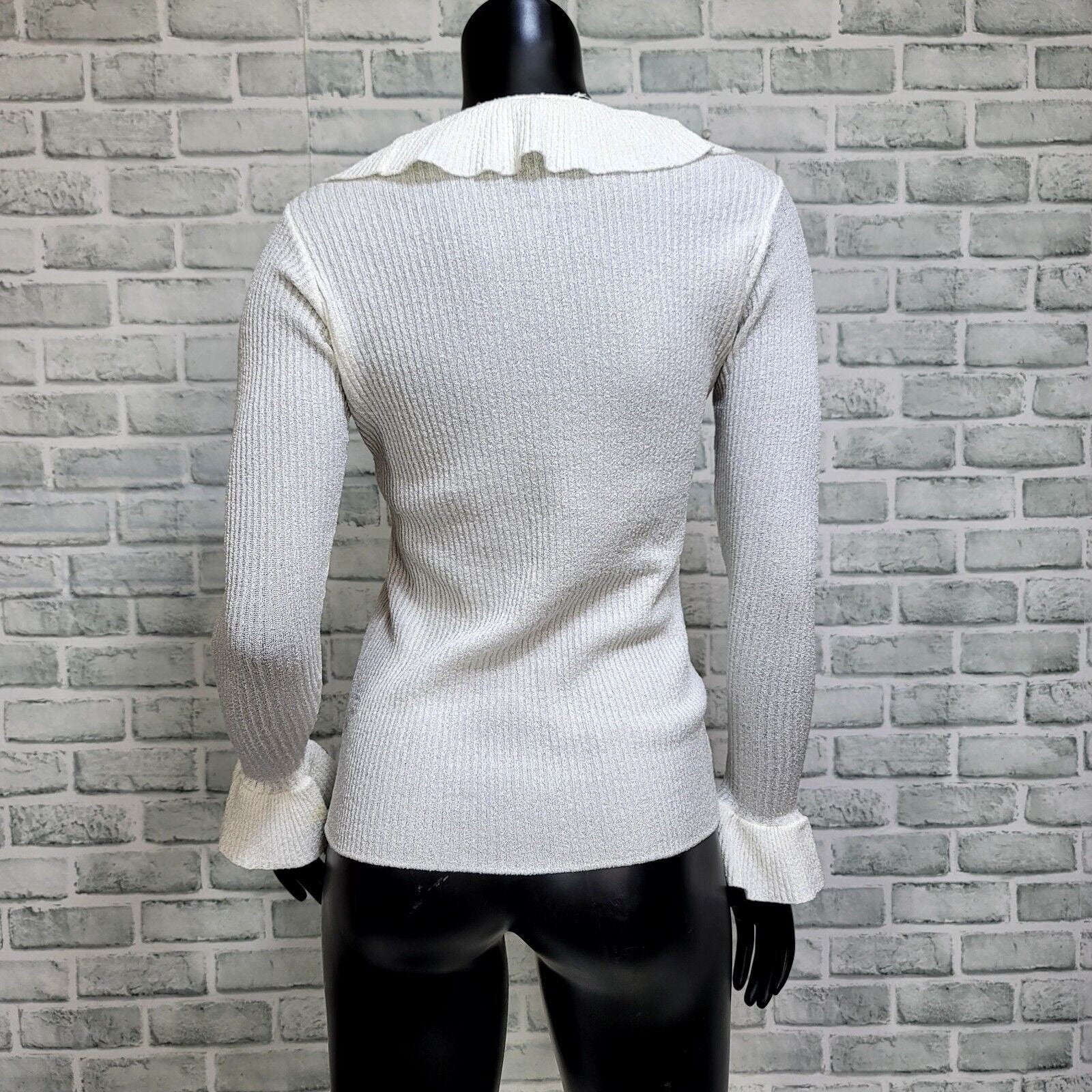 70s Off White Ribbed Flutter V-neck Knit Top By Marbella Knits California - Image 6
