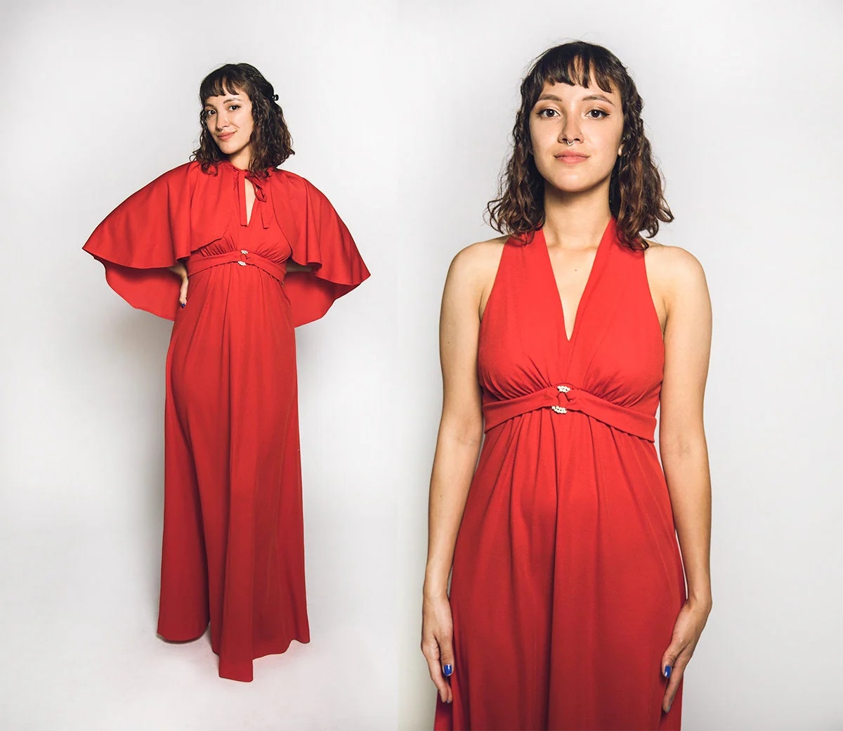 Vintage 70s Maxi Cherry Red Floor Length Goddess Gown with Matching Cape Shawl - Image 4