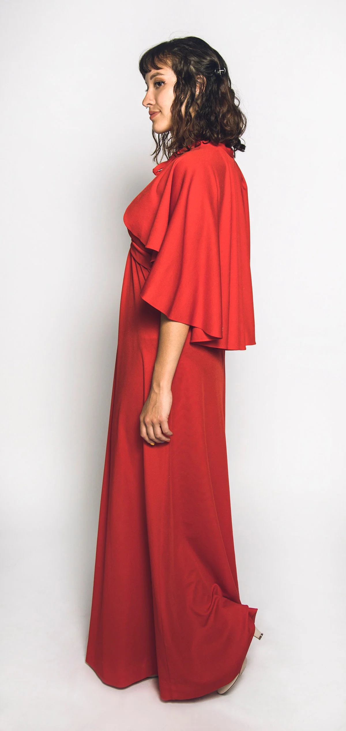 Vintage 70s Maxi Cherry Red Floor Length Goddess Gown with Matching Cape Shawl - Image 5