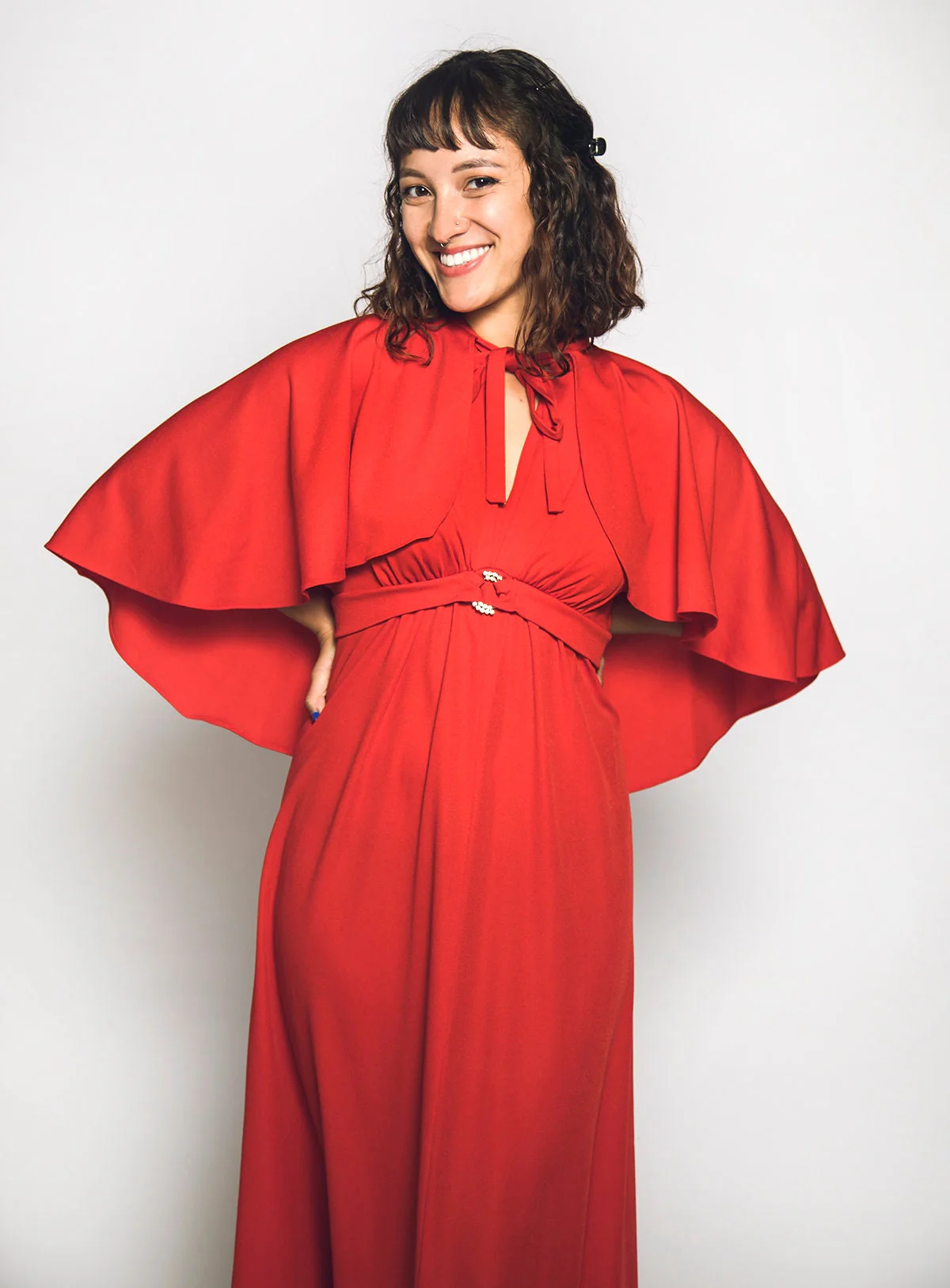 Vintage 70s Maxi Cherry Red Floor Length Goddess Gown with Matching Cape Shawl - Image 7