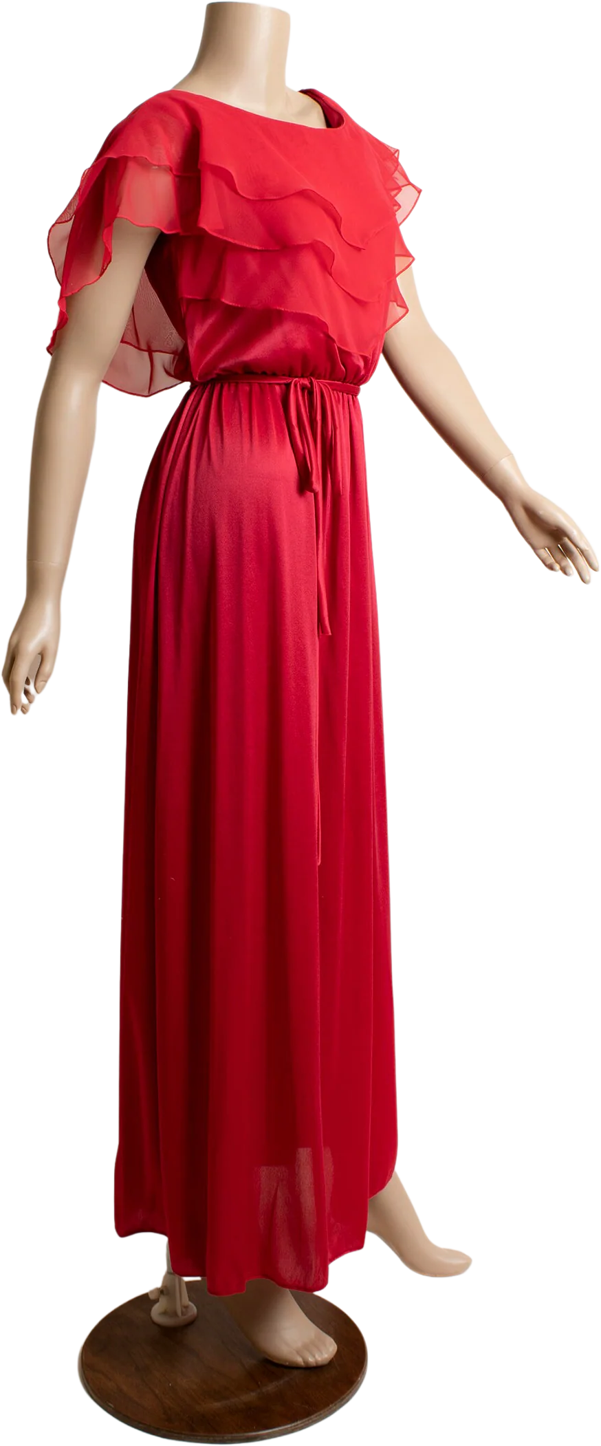 Vintage 70s Maxi Dress Deep Ruby Red Layered Ruffle Flutter Top Goddess Disco Floor Length Gown Cherry Red Small by ILGWU