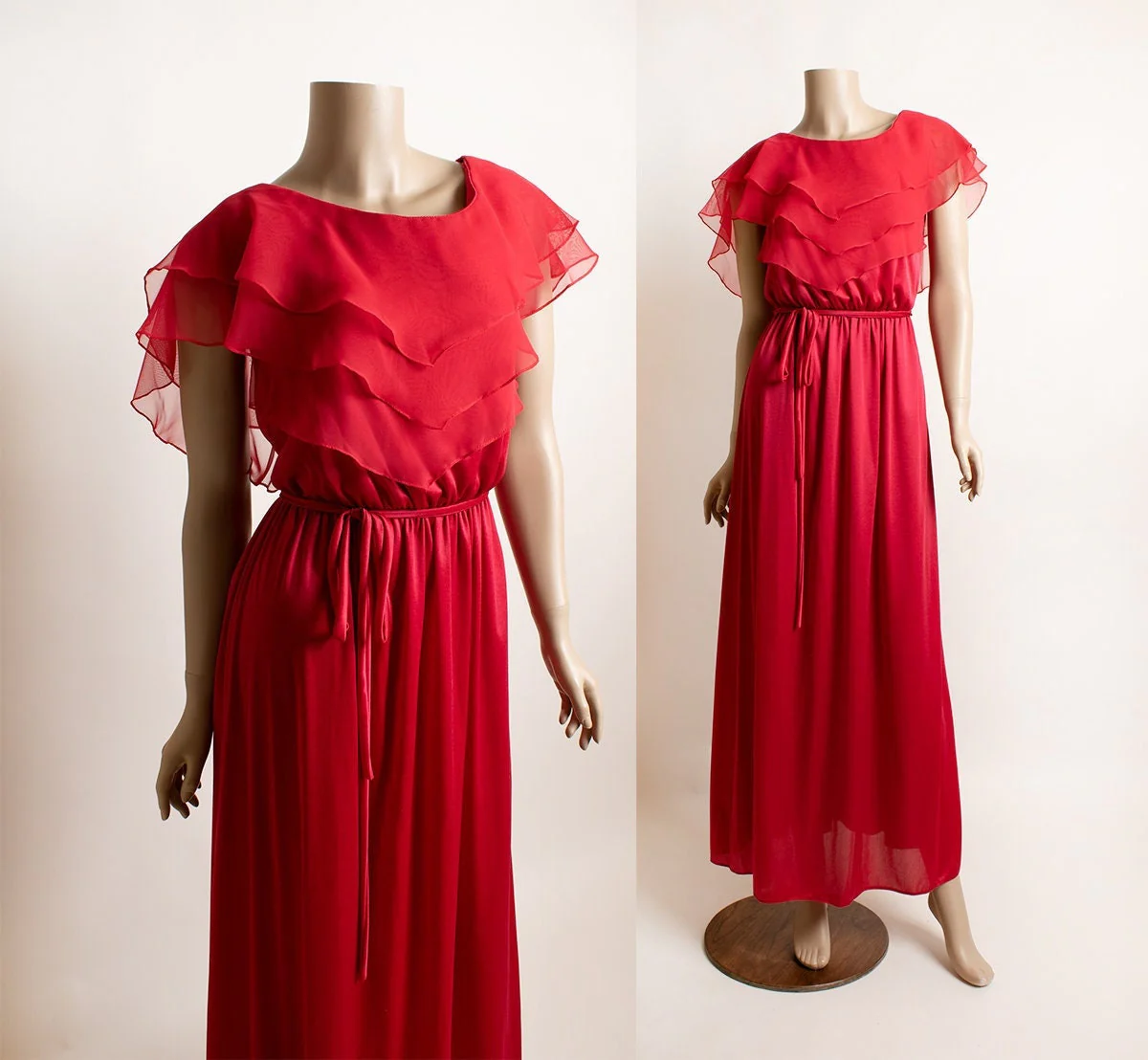 Vintage 70s Maxi Dress Deep Ruby Red Layered Ruffle Flutter Top Goddess Disco Floor Length Gown Cherry Red Small by ILGWU - Image 3