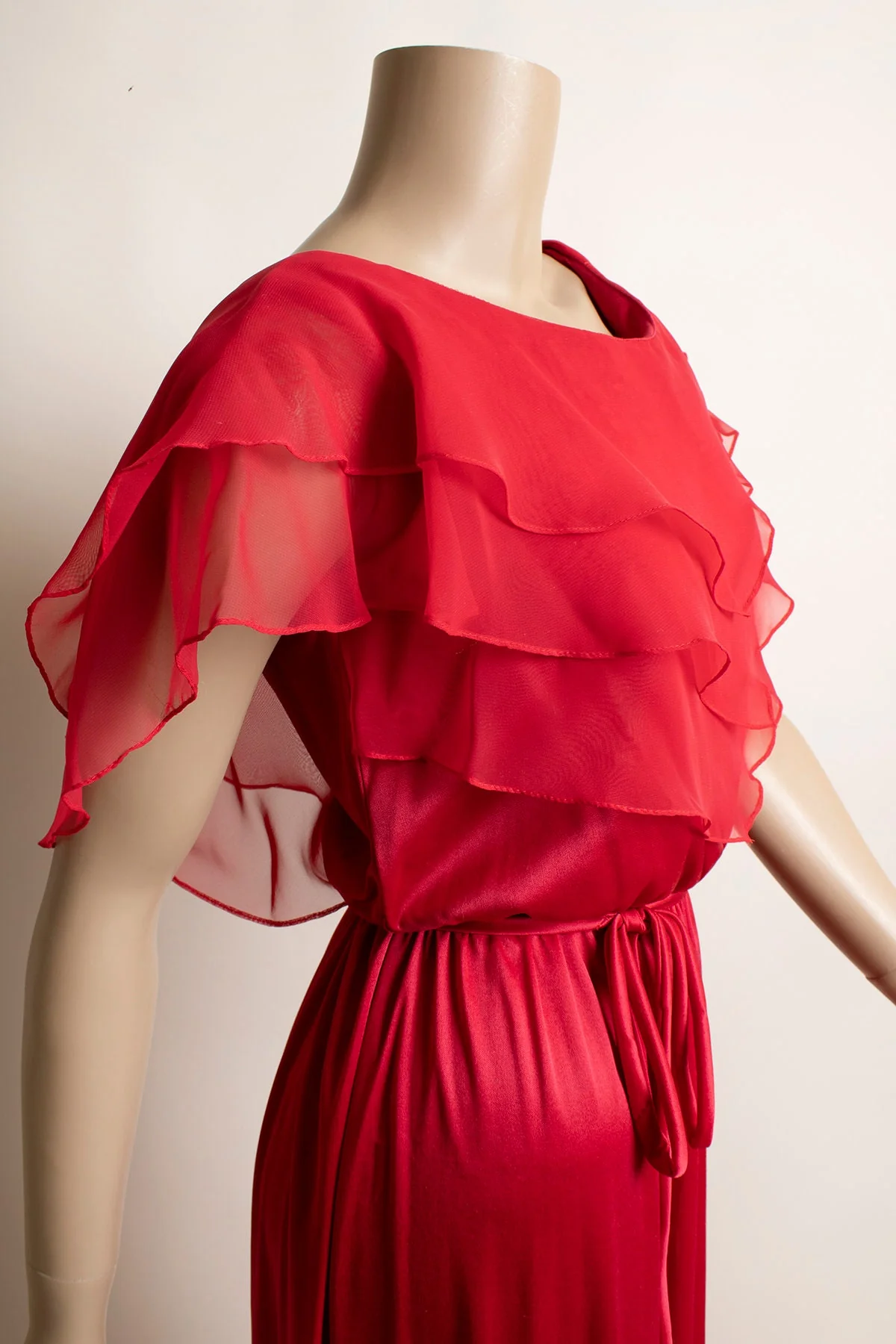 Vintage 70s Maxi Dress Deep Ruby Red Layered Ruffle Flutter Top Goddess Disco Floor Length Gown Cherry Red Small by ILGWU - Image 4