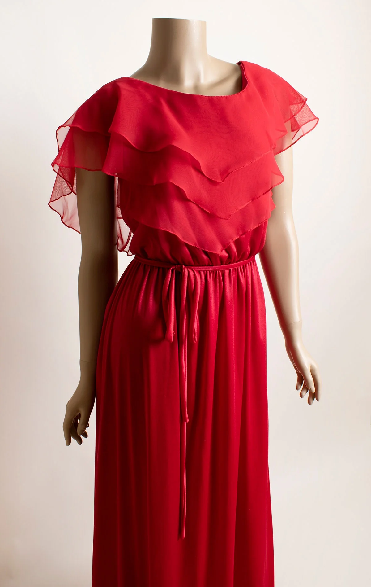 Vintage 70s Maxi Dress Deep Ruby Red Layered Ruffle Flutter Top Goddess Disco Floor Length Gown Cherry Red Small by ILGWU - Image 6