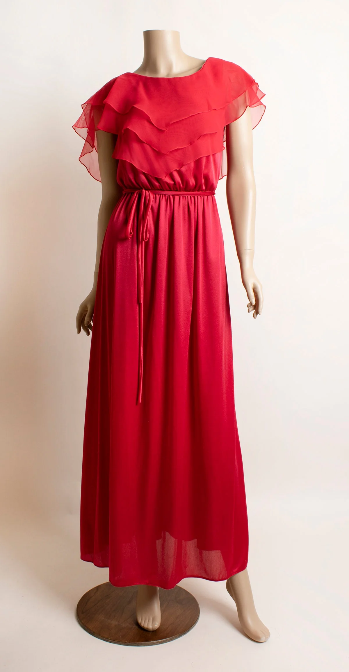 Vintage 70s Maxi Dress Deep Ruby Red Layered Ruffle Flutter Top Goddess Disco Floor Length Gown Cherry Red Small by ILGWU - Image 8