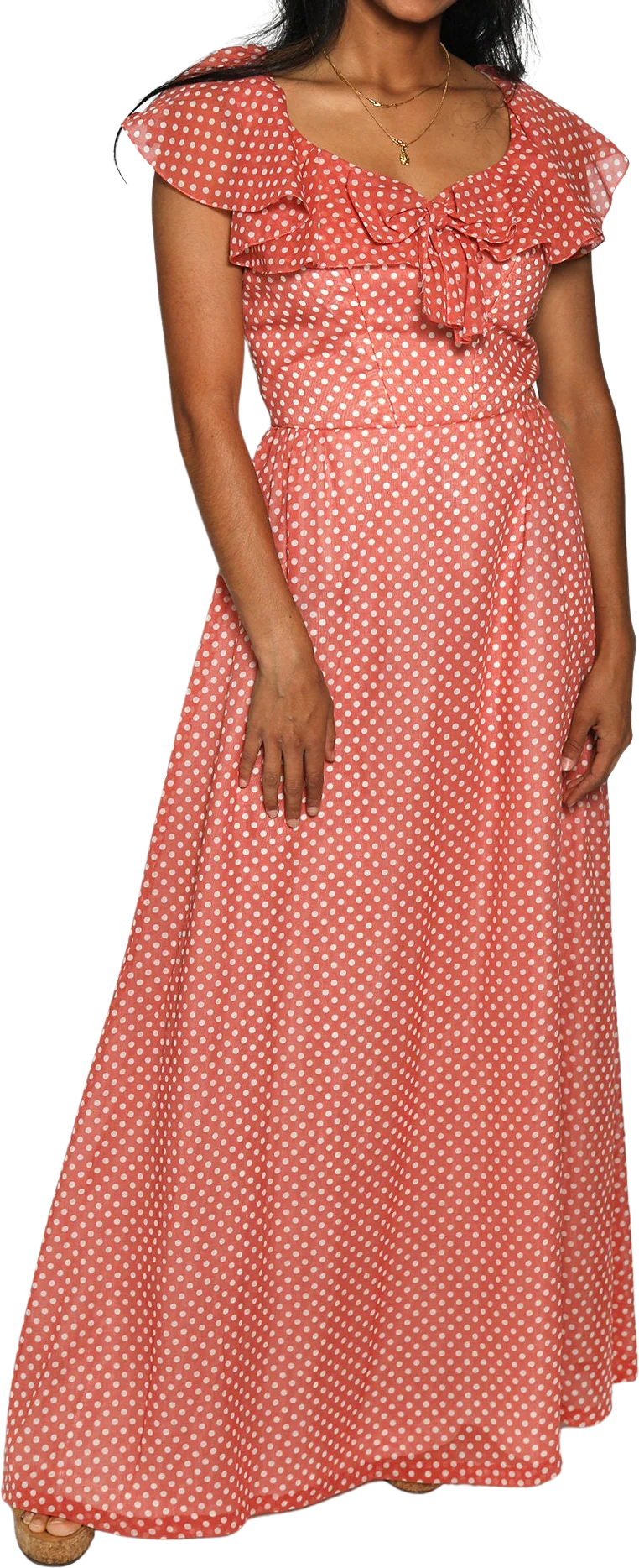 Vintage 70s Maxi Dress Polka Dot White and Peach Pink Floor Length Gown Ruffle Sweetheart Bow Small by Priscilla of Boston