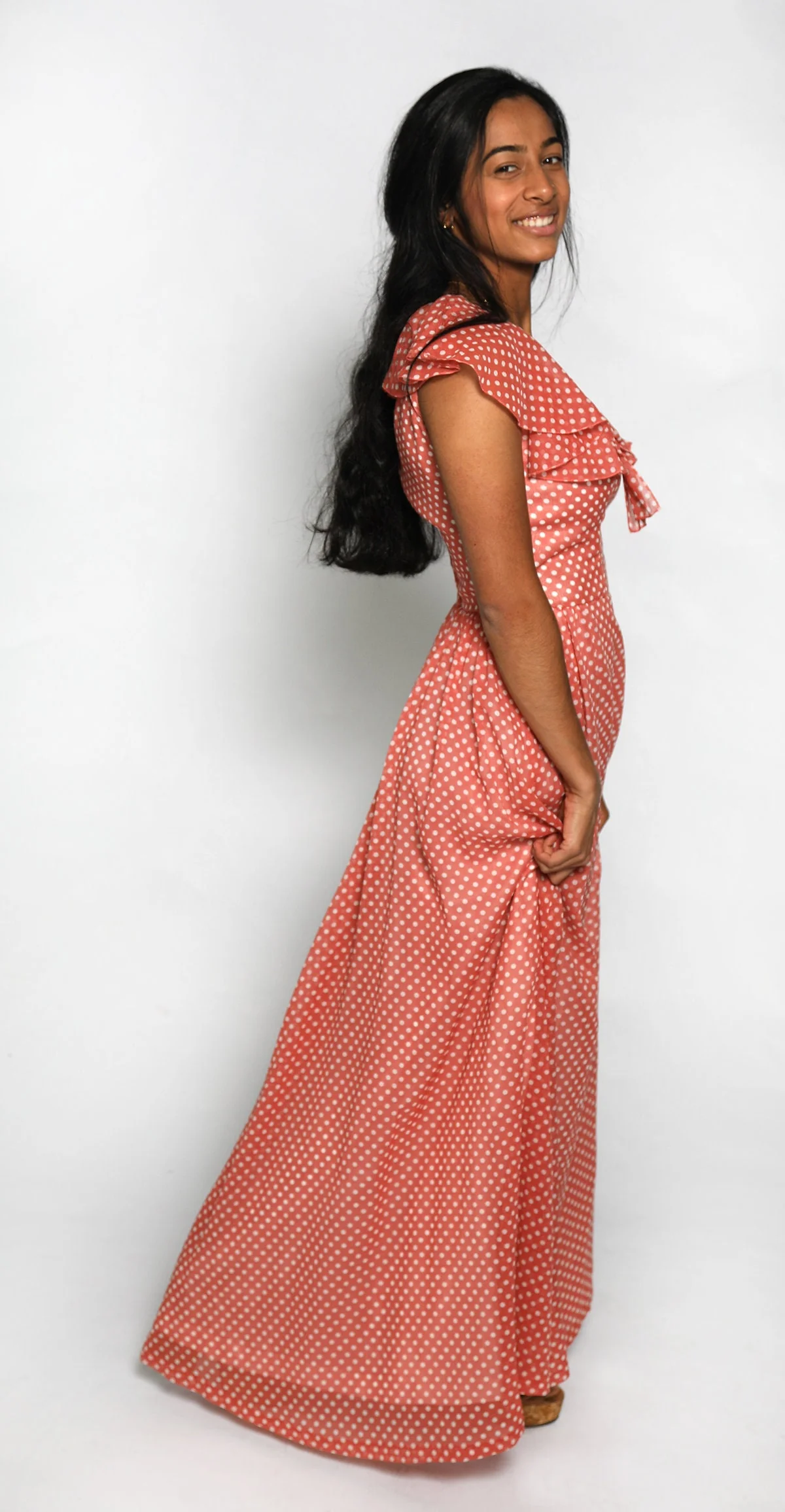 Vintage 70s Maxi Dress Polka Dot White and Peach Pink Floor Length Gown Ruffle Sweetheart Bow Small by Priscilla of Boston - Image 2