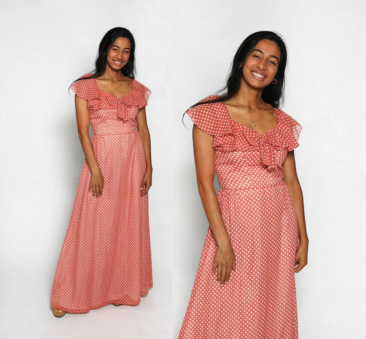 Vintage 70s Maxi Dress Polka Dot White and Peach Pink Floor Length Gown Ruffle Sweetheart Bow Small by Priscilla of Boston - Image 3