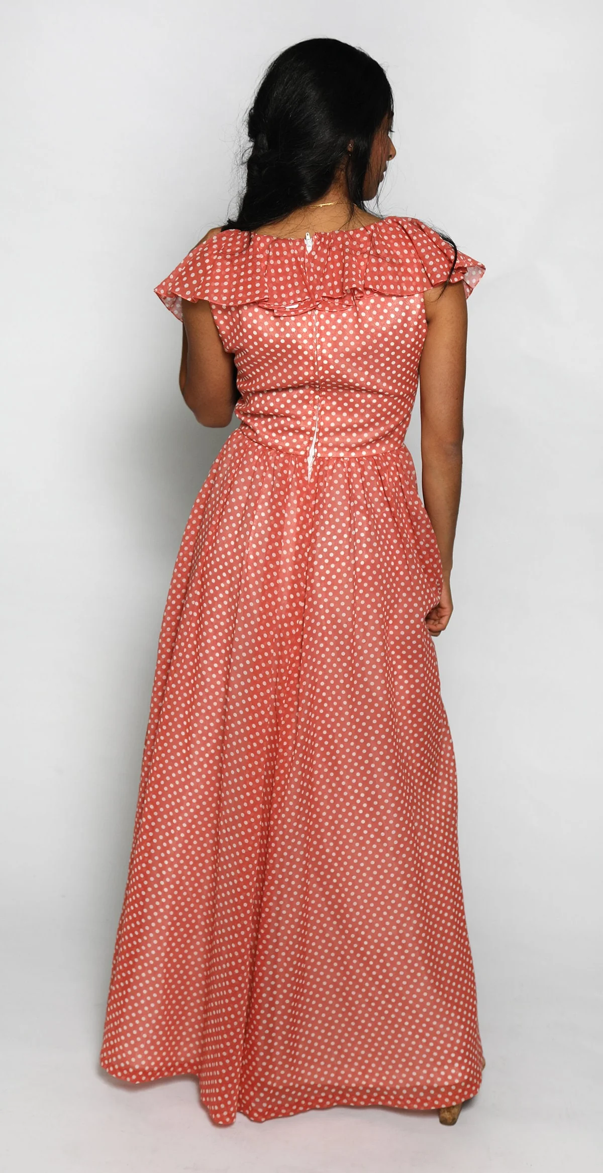 Vintage 70s Maxi Dress Polka Dot White and Peach Pink Floor Length Gown Ruffle Sweetheart Bow Small by Priscilla of Boston - Image 4