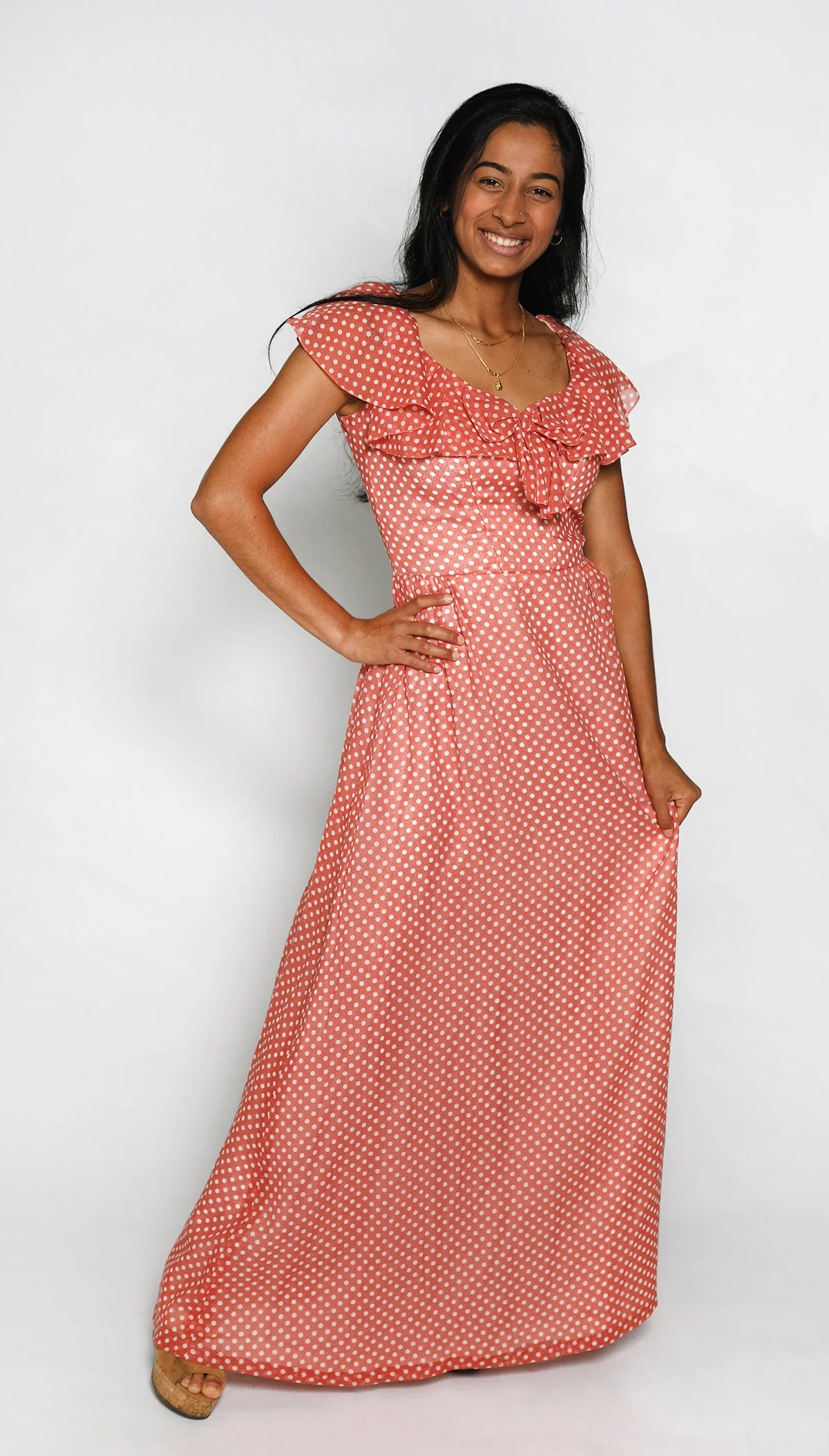 Vintage 70s Maxi Dress Polka Dot White and Peach Pink Floor Length Gown Ruffle Sweetheart Bow Small by Priscilla of Boston - Image 7